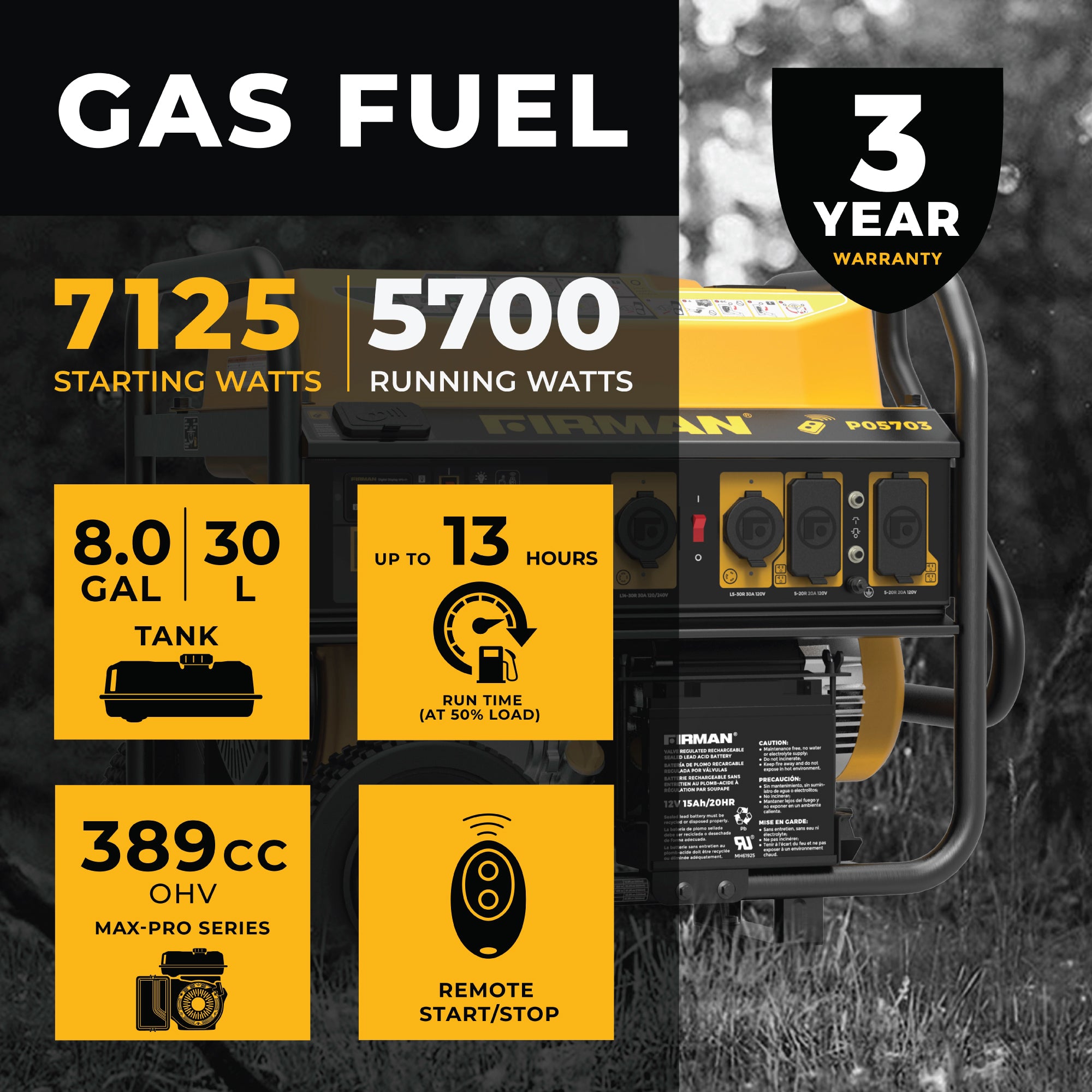 7125W Portable Gas Generator with Remote Start - 120/240V Dual Voltage for Home Backup Power, Camping & Outdoor Emergencies