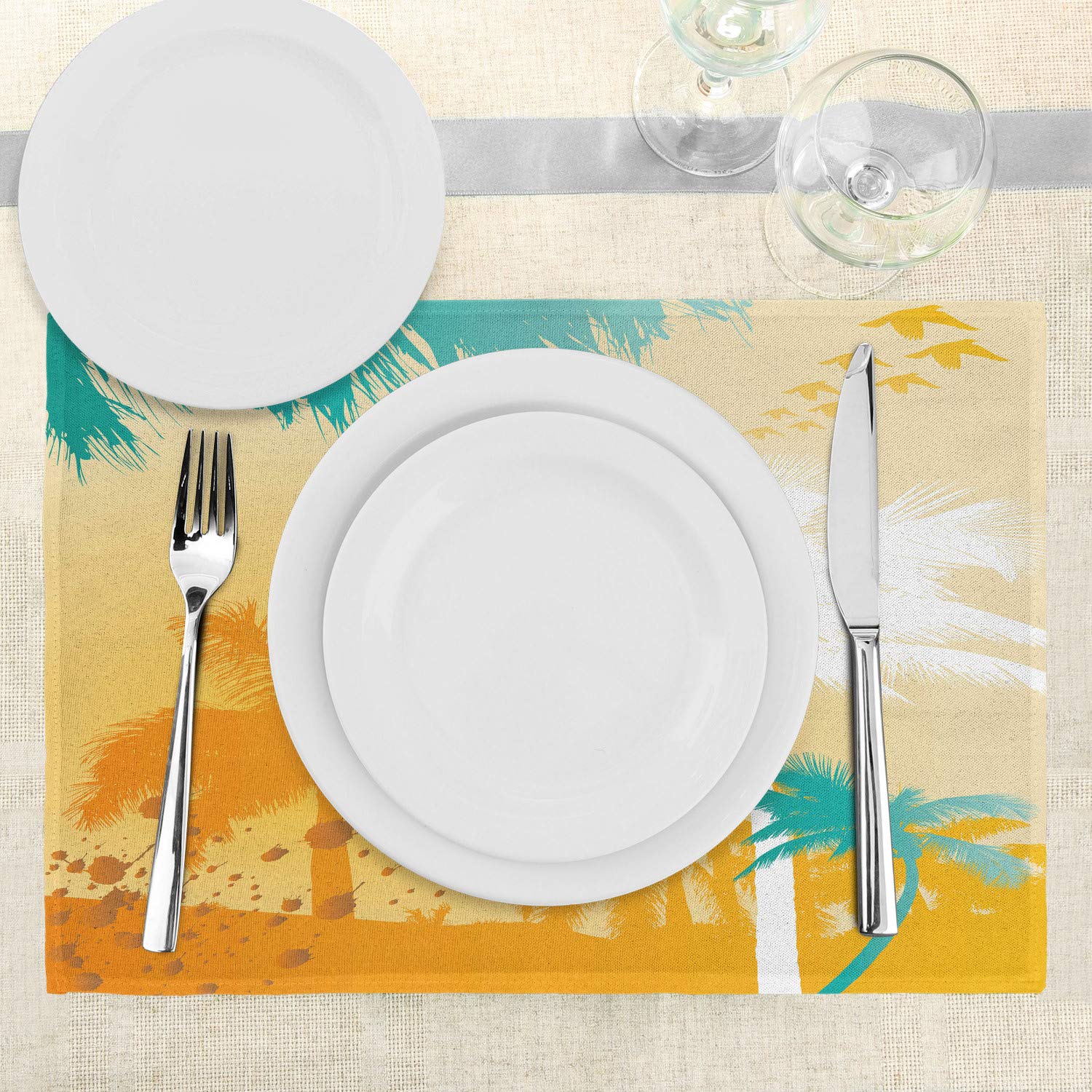 Ambesonne Tropical Place Mats Set of 4 - Vibrant Palm Silhouette Retro Design, Washable Fabric Table Mats for Dining Room & Kitchen Decor in Marigold, Teal & White | Perfect for Beach-Themed Parties, Summer Dining & Boho Home Styling