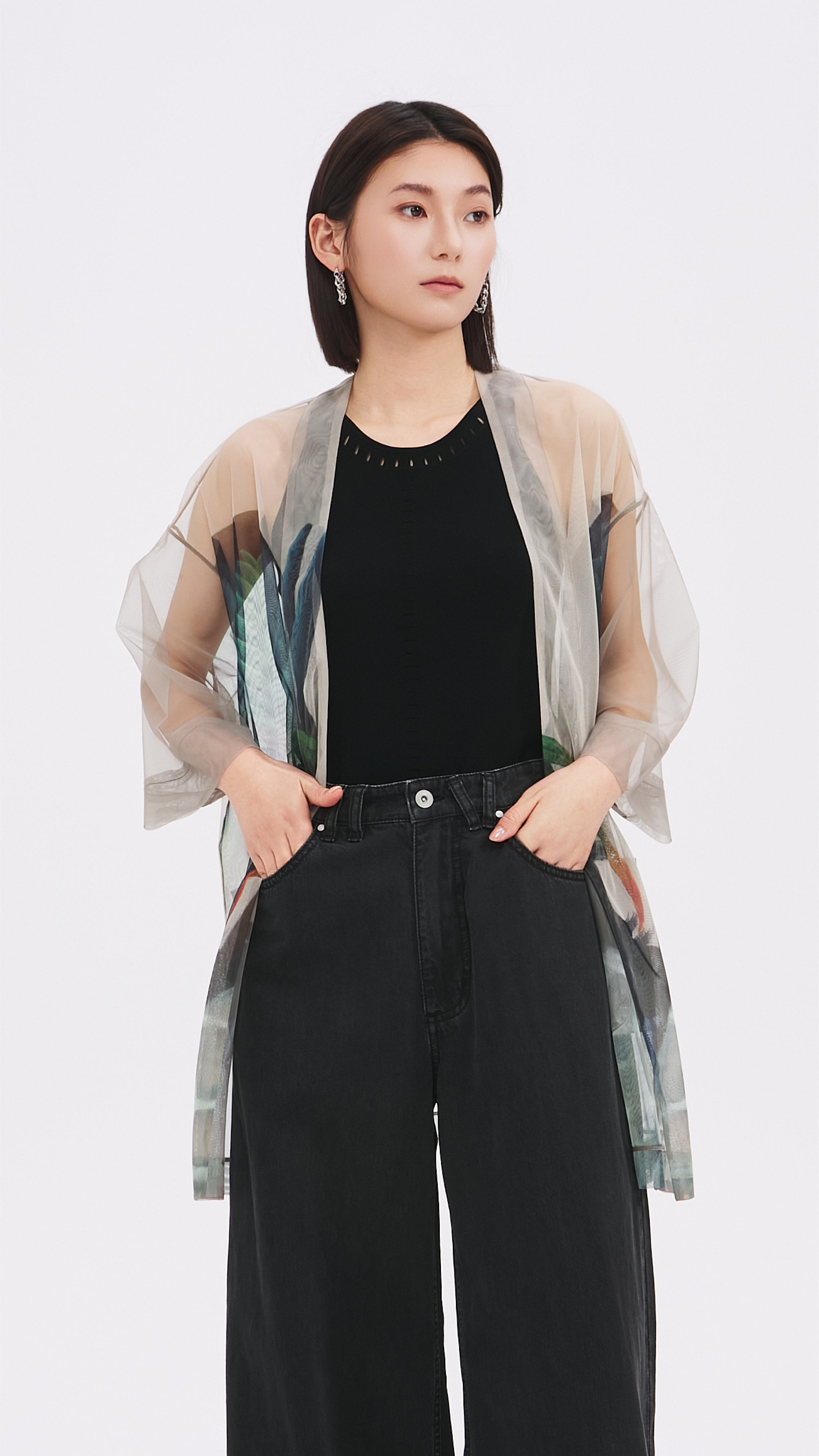 Mariko Enomoto Japanese Floral Printed Mesh Kimono Coat - Lightweight Open Front Cover Up for Women, Beachwear, Summer Fashion, Boho Outfits & Festival Style