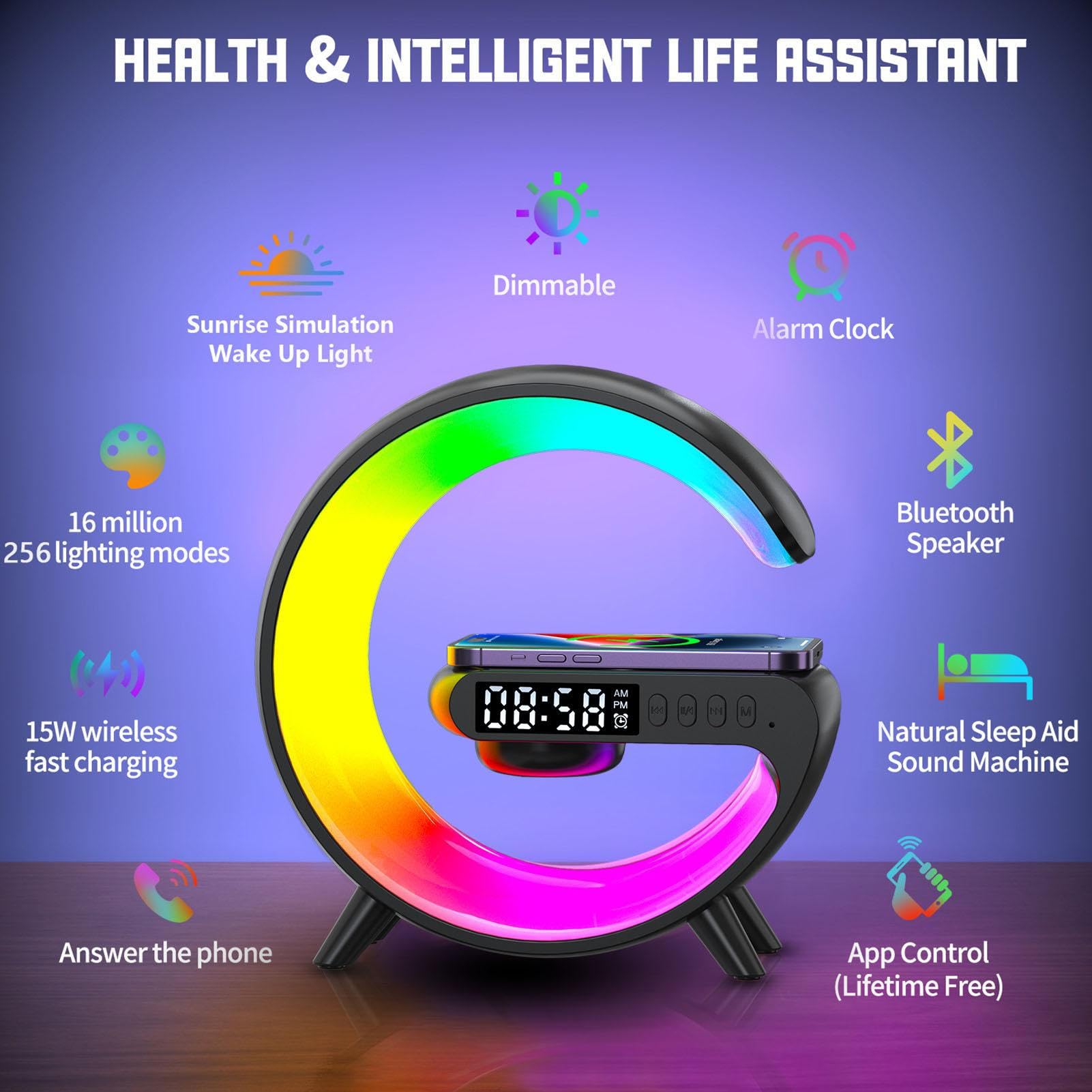 Dankek Wireless Speaker with Night Light - G Shape LED Wireless Charging Speaker & Dimmable Smart Lamp - Bluetooth Speaker with Wireless Charger for Home, Office, Outdoor, and Bedroom - Perfect for Parties, Relaxation, and Nighttime Use