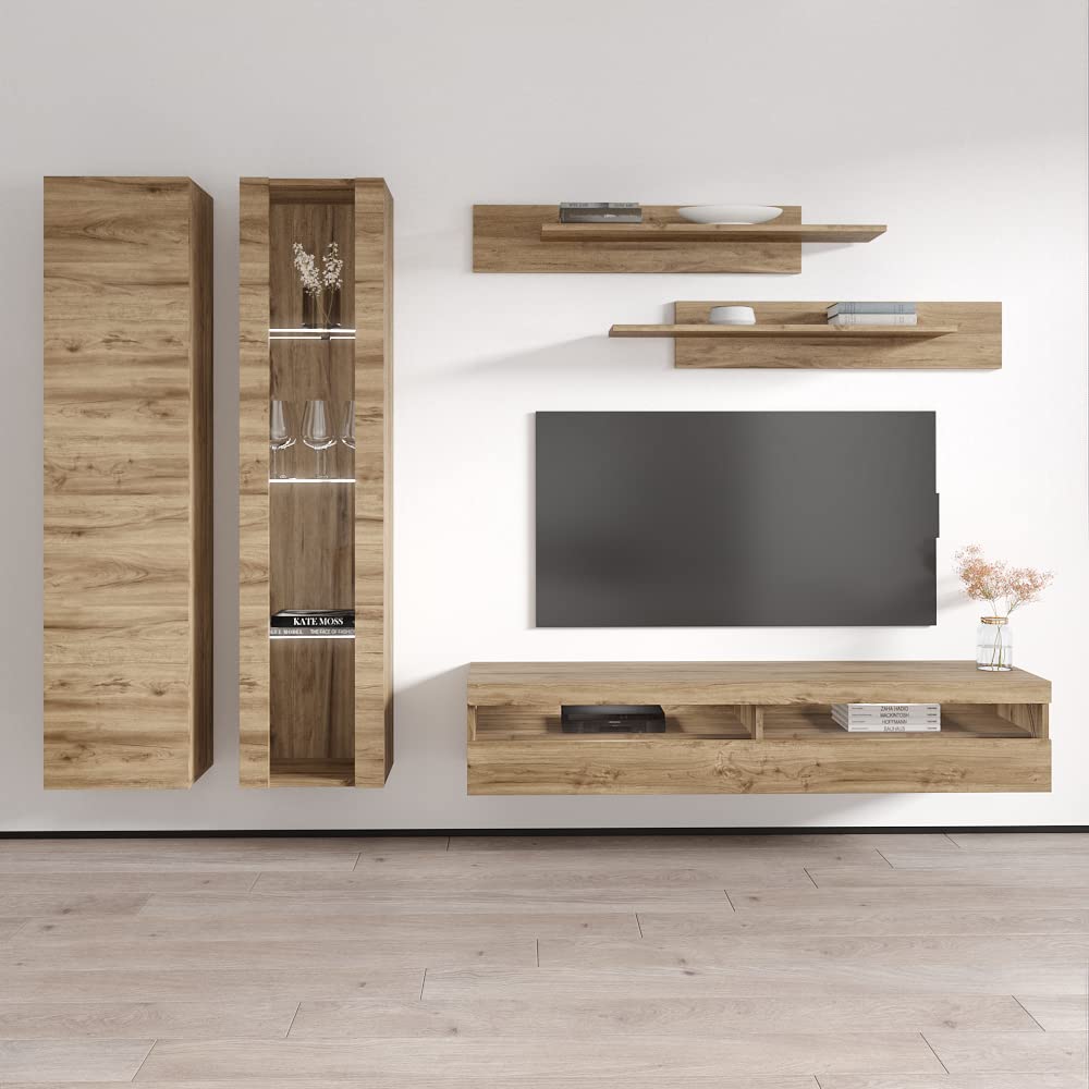 Modern Floating TV Stand with Storage & LED Lights - Wall-Mounted Entertainment Center for Bedroom & Living Room - A4 35TV Console with Shelves in Oak Finish - Perfect for Small Spaces & Home Theater Setup