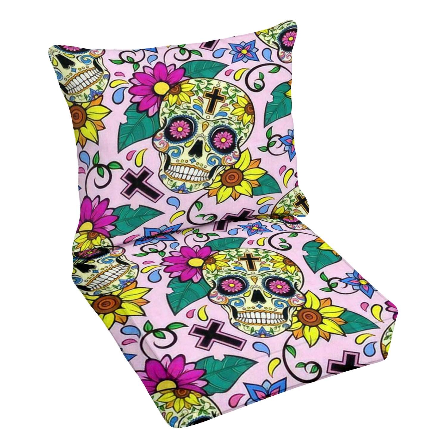 Premium Outdoor Deep Seating Cushion Set - Yellow Sugar Skull & Floral Design - Replacement Cushions for Patio Lounge Chairs - Perfect for Backyard, Poolside & Conversation Areas
