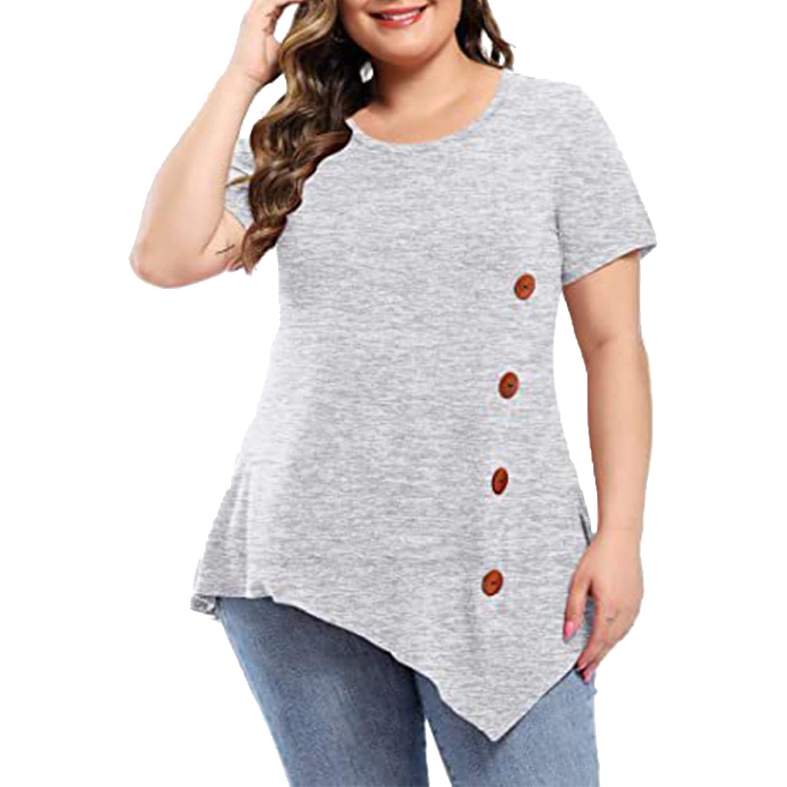 Women's Summer Tops - Casual Scoop Neck Short Sleeve T-Shirts, Solid Asymmetrical Pleated Tunic Blouse | Plus Size Flowy Shirts for Women | Perfect for Beach Outings, Office Wear & Casual Dates