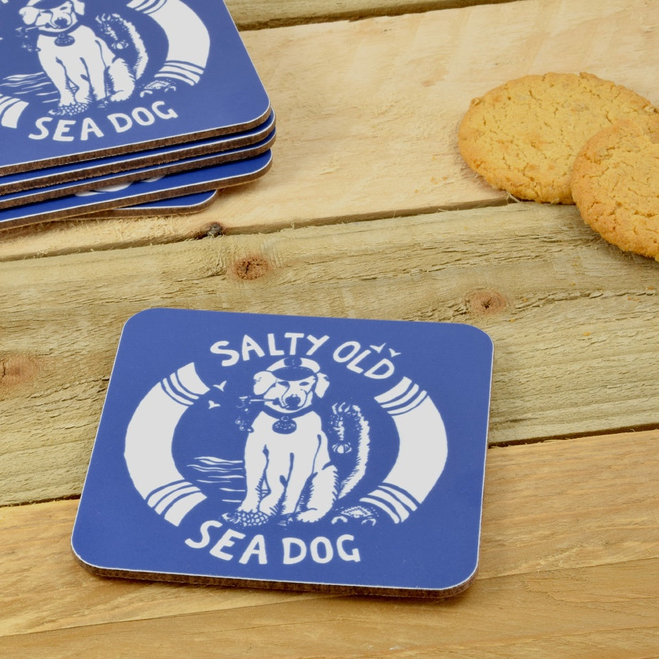 Salty Old Sea Dog Coaster Set - Nautical Theme Drink Coasters for Beer, Wine & Coffee - Perfect for Home Bar, Man Cave & Beach House Decor