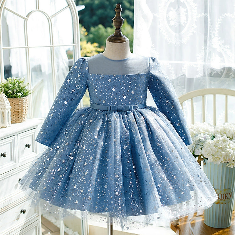 Royal Blue Organza Flower Girl Dress with Princess Round Neckline & Tea-Length Skirt – Perfect for Weddings, Birthday Parties & Special Occasions