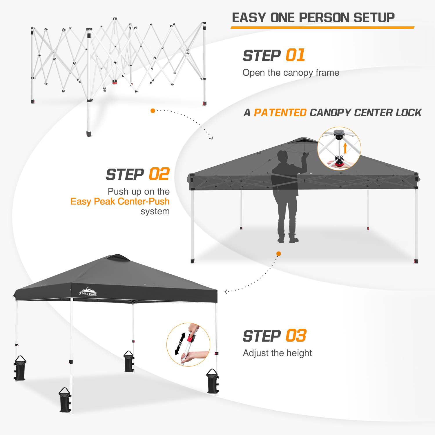 EAGLE PEAK 10x10 ft Pop Up Canopy Tent with Wheeled Carry Bag - Includes 8 Stakes, 4 Ropes & 4 Weight Bags - Easy Setup Portable Shade Shelter (100 sq ft Coverage, Gray) - Perfect for Outdoor Events, Camping, Beach Trips & Backyard Parties