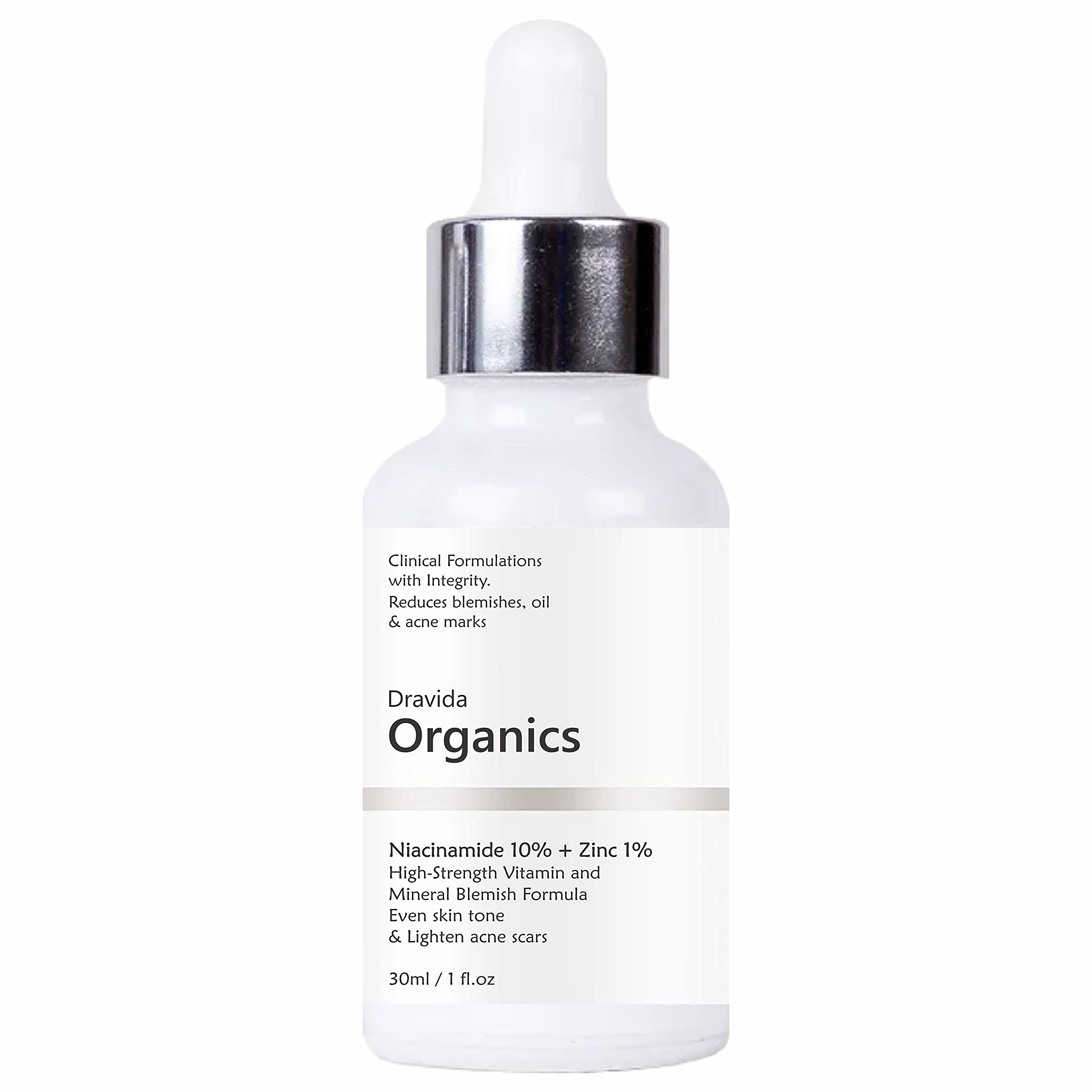 Dravida Organics Niacinamide 10% + Zinc Serum for Acne Prone Skin - Reduces Blemishes, Acne Scars & Pores, Controls Oil - Best for Oily & Problematic Skin Care Routine - Perfect for Daily Use & Nighttime Skincare Regimen
