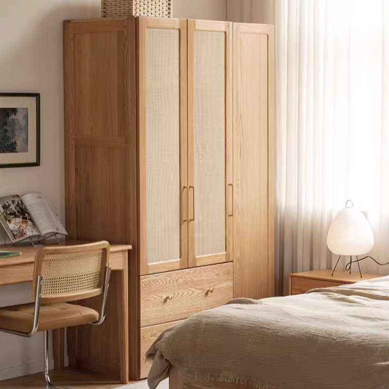 Oak Solid Wood Modular Wardrobe with Rattan Doors - Customizable Closet Storage for Bedroom & Living Room Organization