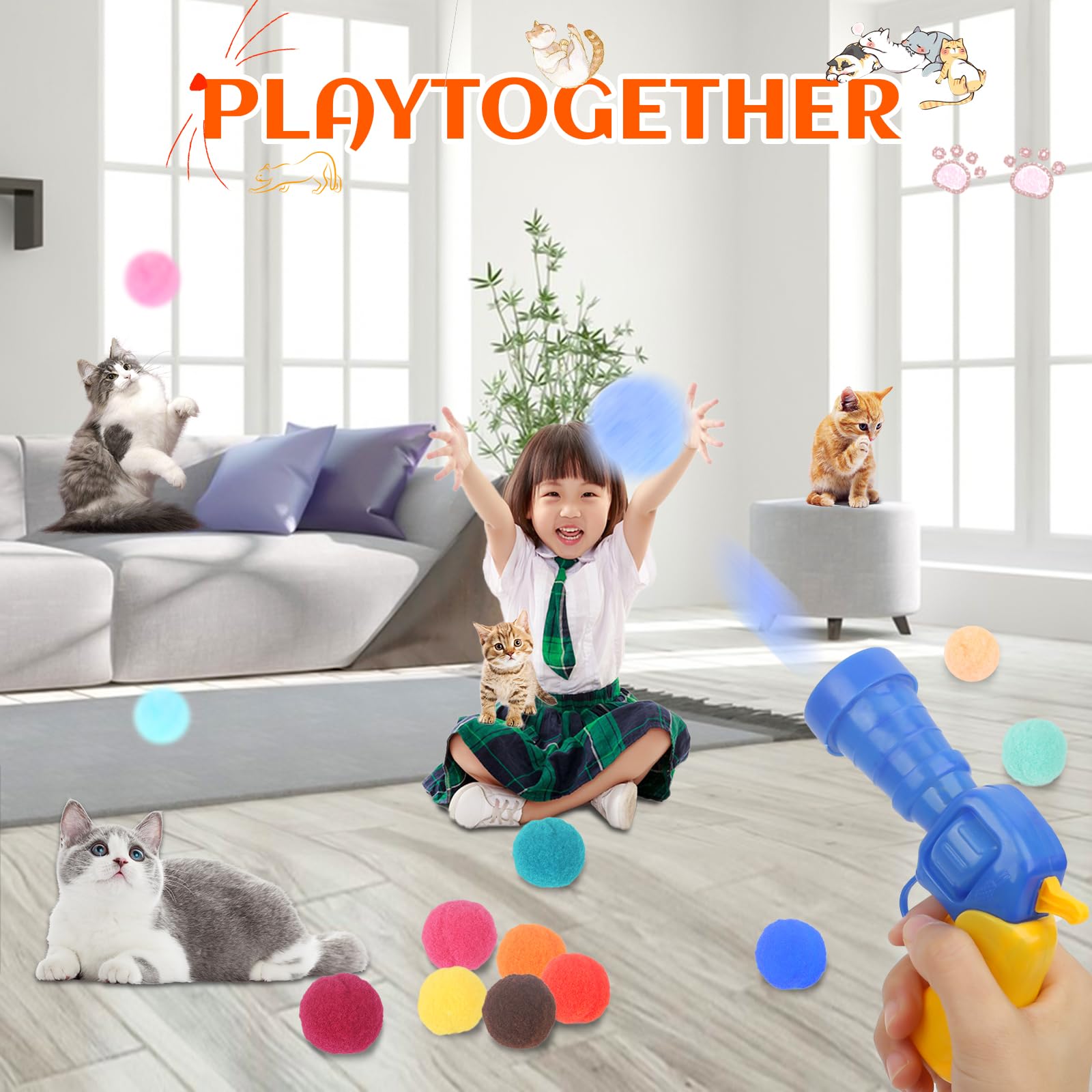 Silent Plush Cat Toy Ball Launcher with 80 Pom Pom Balls - Interactive Indoor Cat Exercise Toy for Playful Kittens - Perfect for Stimulating Playtime & Keeping Cats Active (Deep Blue)