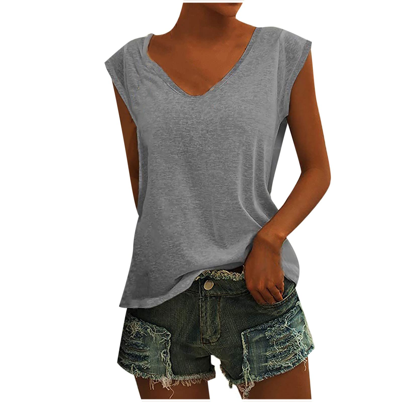 Huilaibazo Women's Summer Sleeveless V-Neck Tank Tops - Soft Loose Fit Casual White T-Shirts for Beach, Travel & Everyday Wear