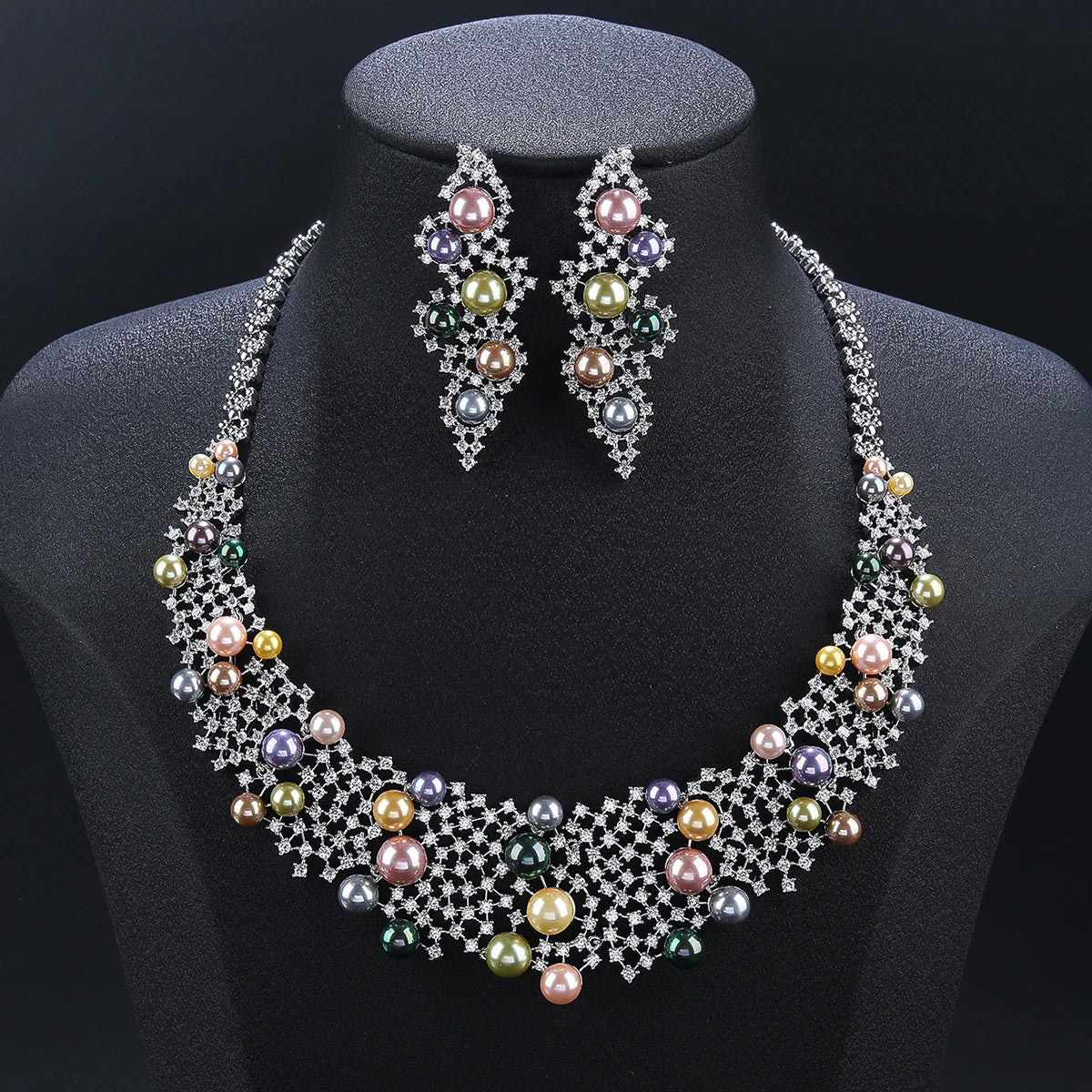 Elegant Bridal Jewelry Set - Pearl & Cubic Zirconia Necklace and Earrings Set for Women | Wedding, Party, Prom, Anniversary Gift | CN11546