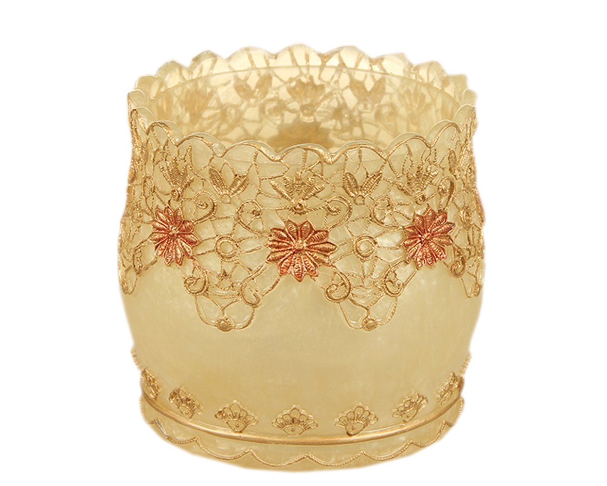 Elegant Mini Desktop Trash Can - European Style Carved Design for Office, Bedroom & Home Decor | Small Waste Bin with Lace Yellow Pattern | Perfect for Desk Organization & Gift Giving