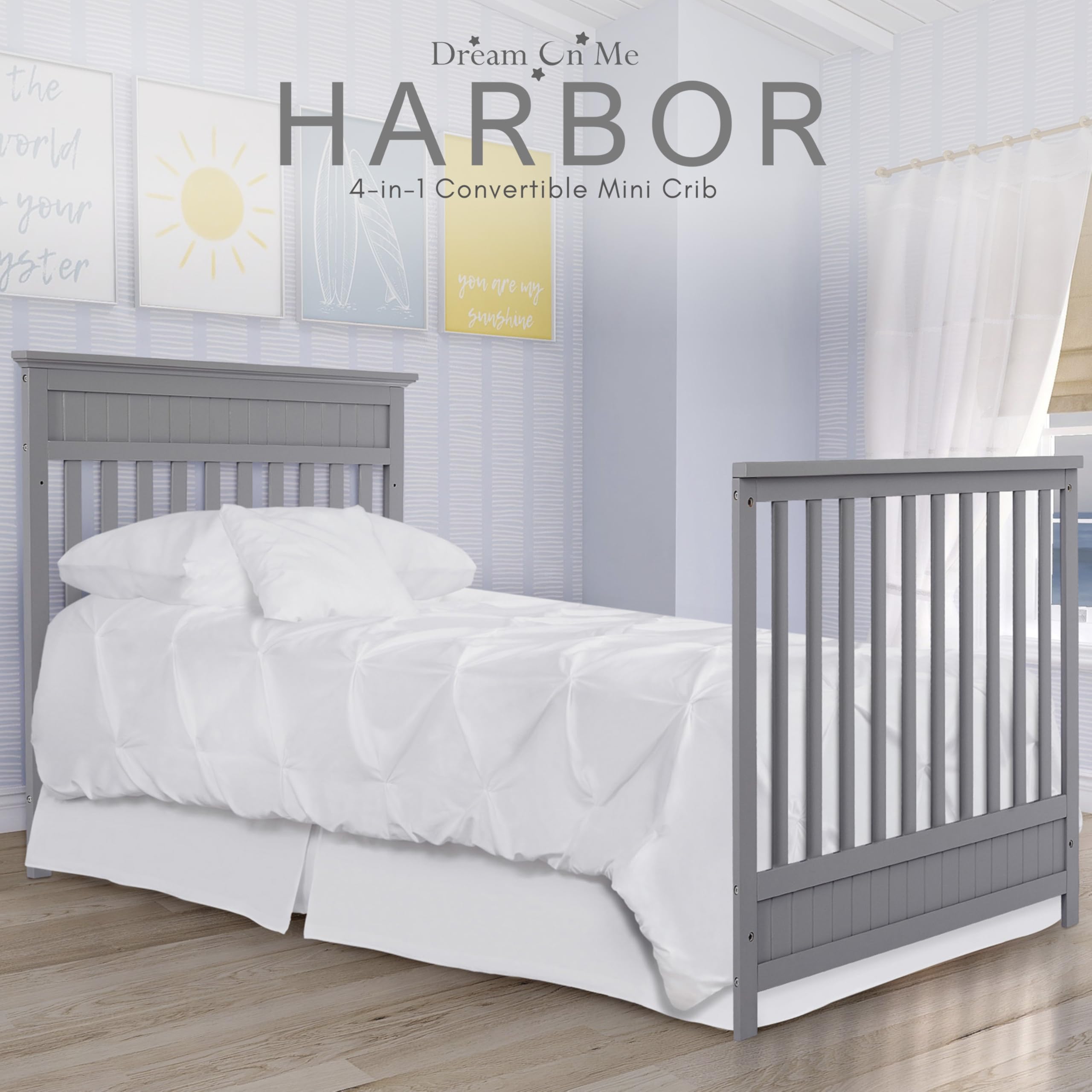 Dream On Me Harbor 4-in-1 Convertible Mini Crib - Storm Grey | GREENGUARD Gold Certified | Space-Saving Nursery Solution for Small Rooms & Apartments | Baby Bed Converts to Toddler Bed, Daybed & Full-Size Bed Frame
