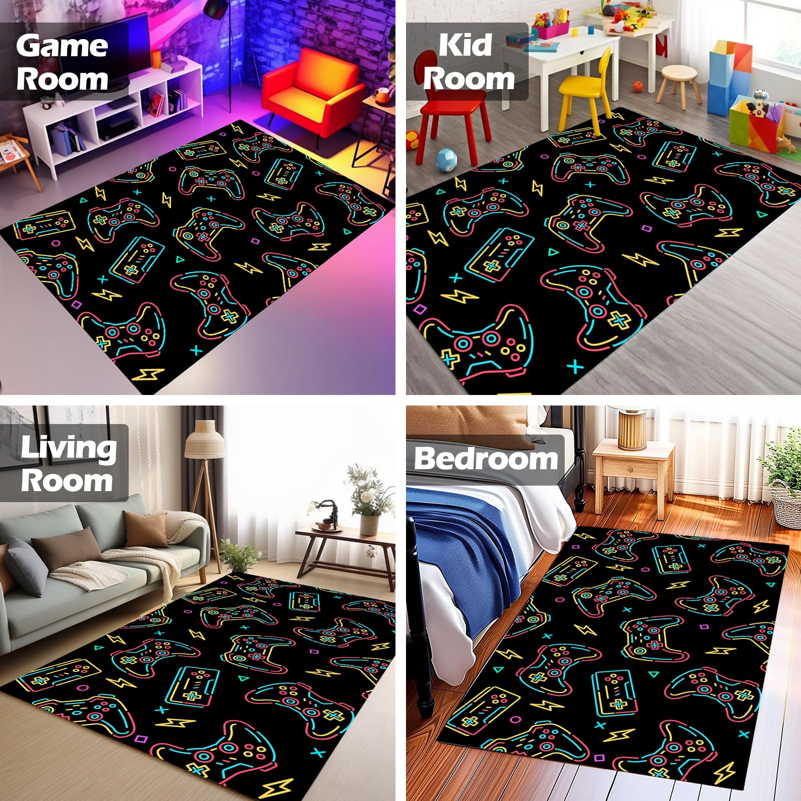 3'x5' Non-Slip Neon Gaming Rug for Boys Room - 3D Printed Gamer Carpet for Bedroom, Living Room & Game Room Decor - Perfect for Esports Setup, Streamer Background & Teen Gaming Space