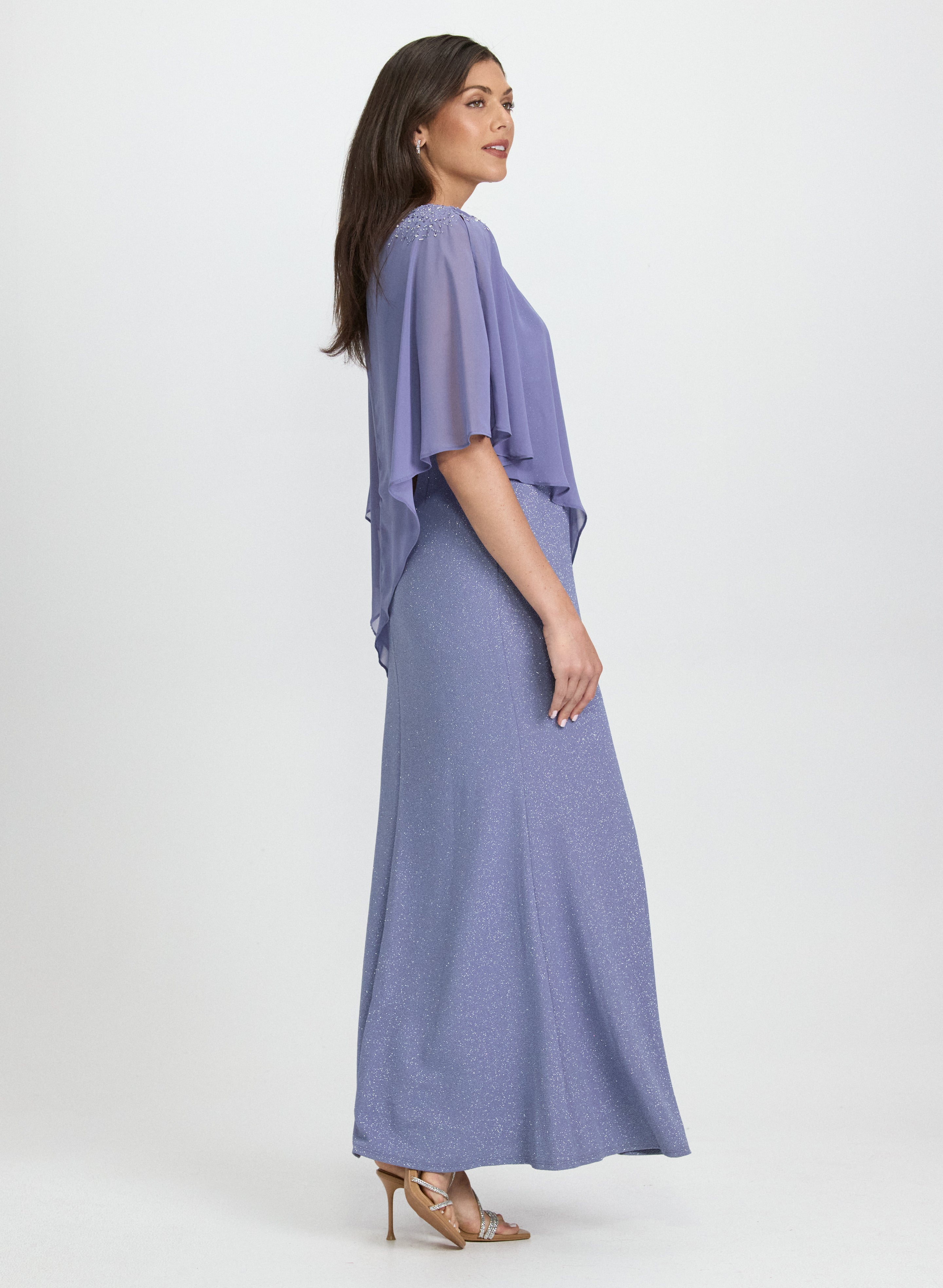 Embellished Capelet Overlay Dress for Women | Elegant Evening Gown for Parties, Weddings & Special Occasions