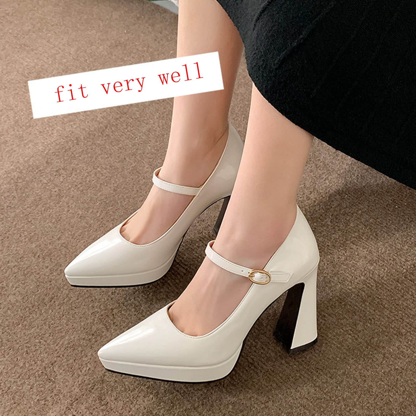WOilERQ Women's Pointed Toe Chunky High Heels - Patent Leather Stiletto Pumps with Buckle Strap, Fashionable Nightclub & Party Shoes for Plus Size Ladies - Perfect for Evening Events, Weddings, and Night Out