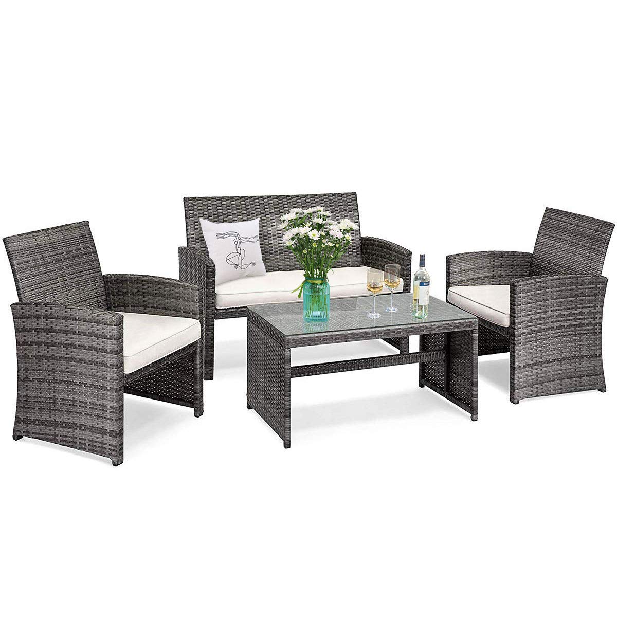 Tangkula 4-Piece Wicker Patio Conversation Set - Outdoor Rattan Sofa Set with Coffee Table & Soft Cushions, All-Weather Garden Furniture for Poolside, Balcony, Backyard & Patio Relaxation