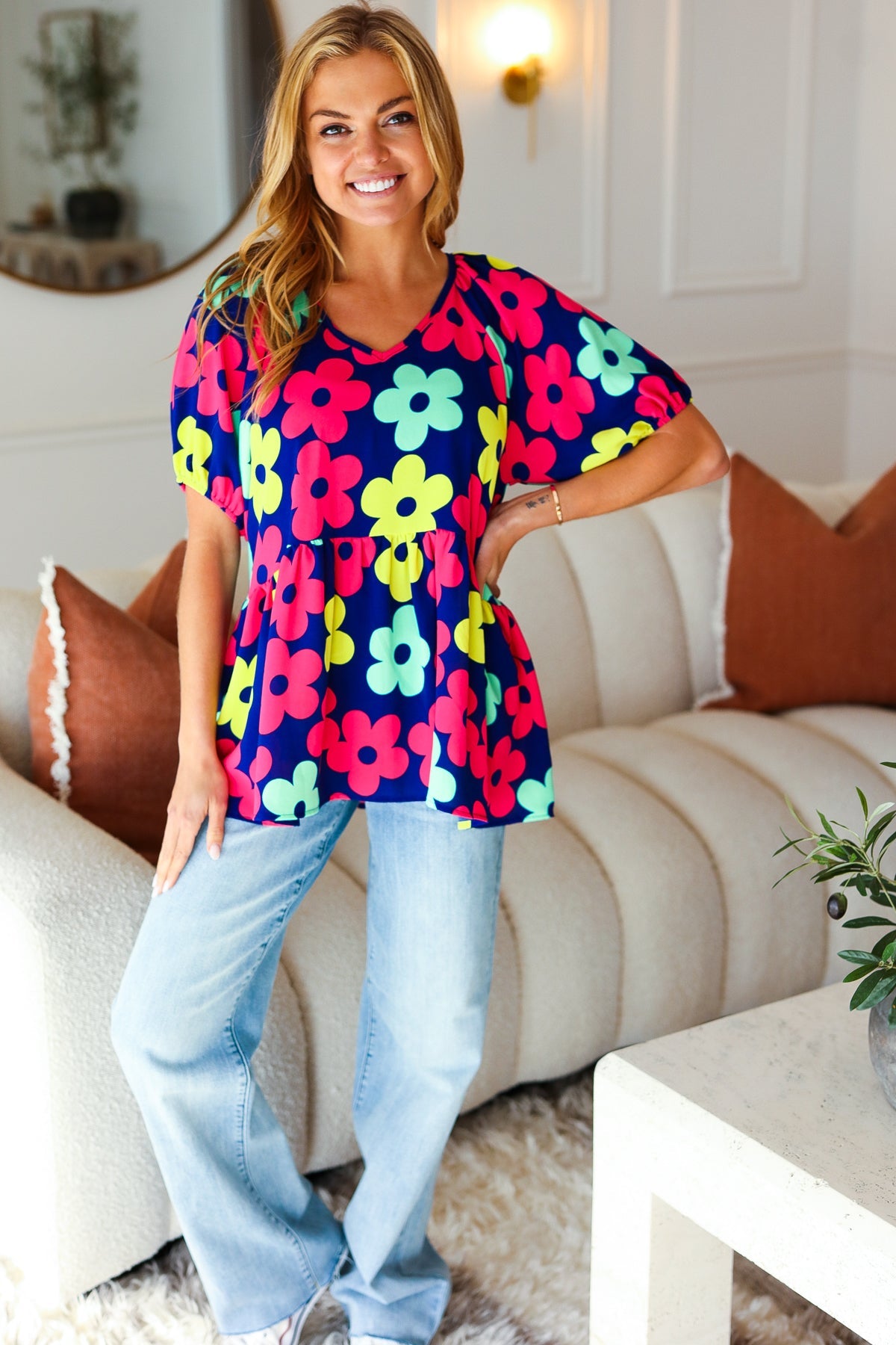 Haptics Navy Blue Floral Print Bubble Sleeve Babydoll Raglan Top - Casual Chic Blouse for Women, Perfect for Date Nights & Summer Outfits