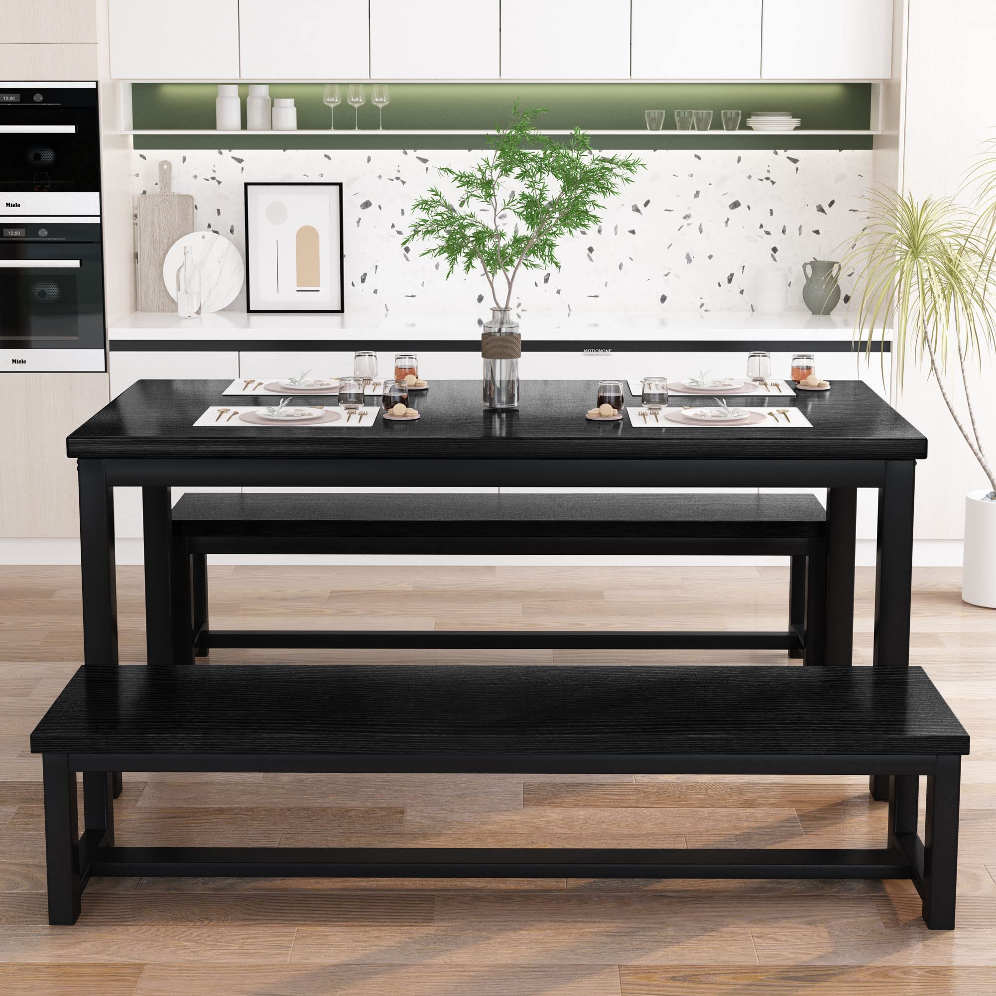 AWQM 43.3 Inch 4-Person Dining Table Set with 2 Benches - Sturdy Metal Frame & Thickened Wood Top - Perfect for Kitchen, Restaurant, Cafe, or Small Space Dining - Black Modern Furniture