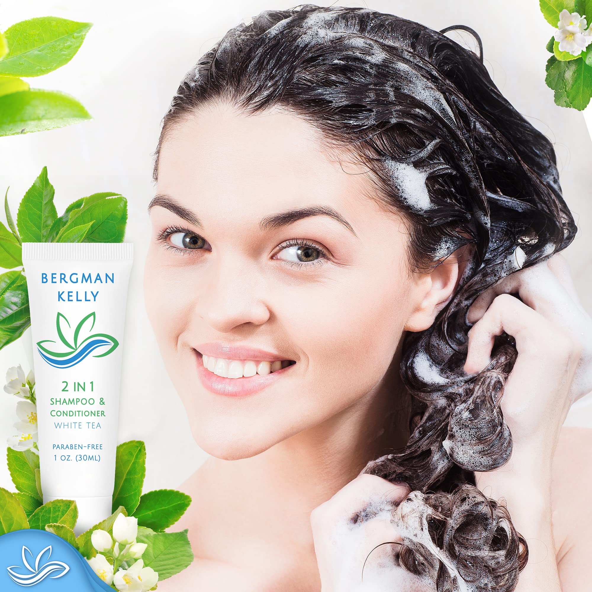 BERGMAN KELLY 2-in-1 Shampoo & Conditioner Soap Bars - White Tea Scented (1 oz each, 100-Piece Set) | Moisturizing & Refreshing Hotel Toiletries for Guests | Perfect for Luxury Hotels, Spas, Travel & Hospitality Amenities