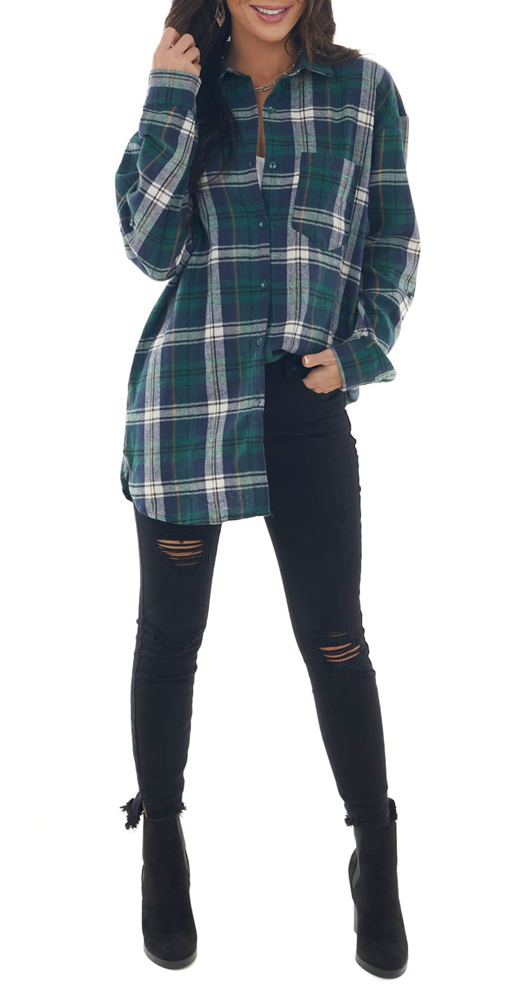 NUOREEL Women's Plaid Flannel Shirt - Soft Button Down Long Sleeve Boyfriend Shirt for Casual Wear, Fall Outfits & Layering