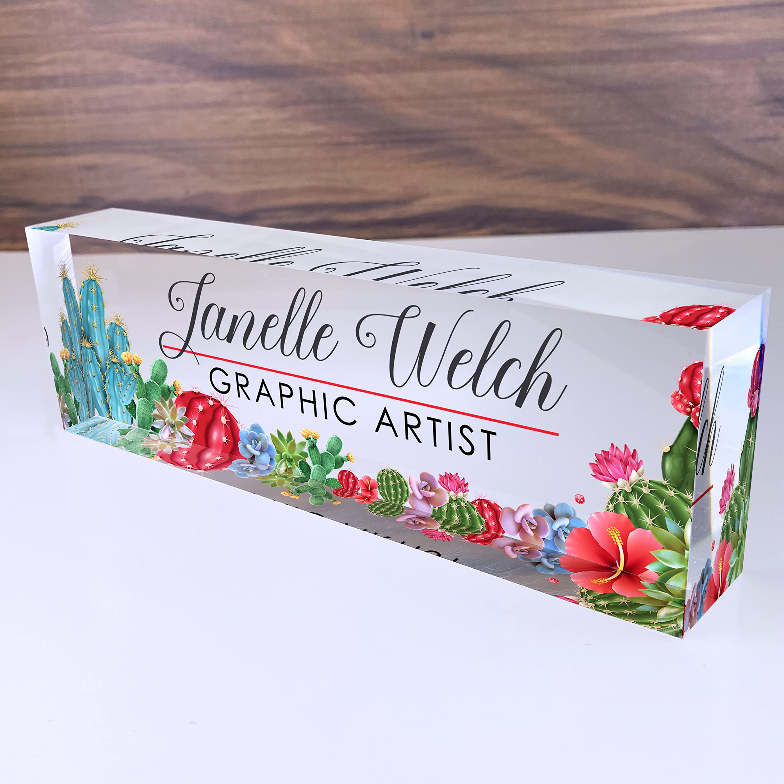 Personalized Artblox Office Desk Name Plate - Custom Acrylic Glass Nameplate with Cactus Design (8