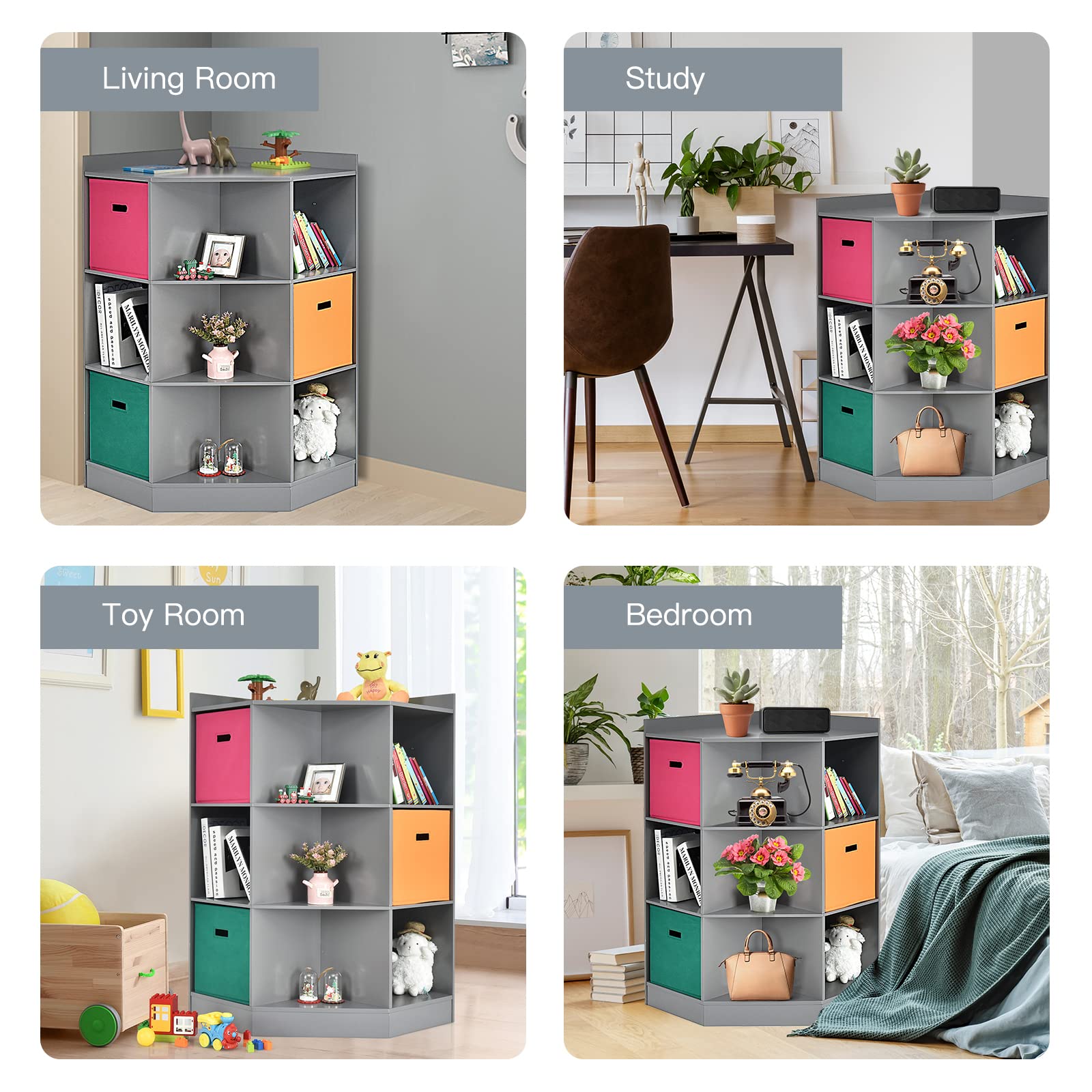 Costzon 9-Cubby Kids Bookcase with Extra Large Storage Baskets | Wooden Children's Organizer Shelf with 6 Cubes & 3 Shelves | Playroom & Nursery Storage Solution | Gray Kids Bookshelf for Toys, Books & Decor