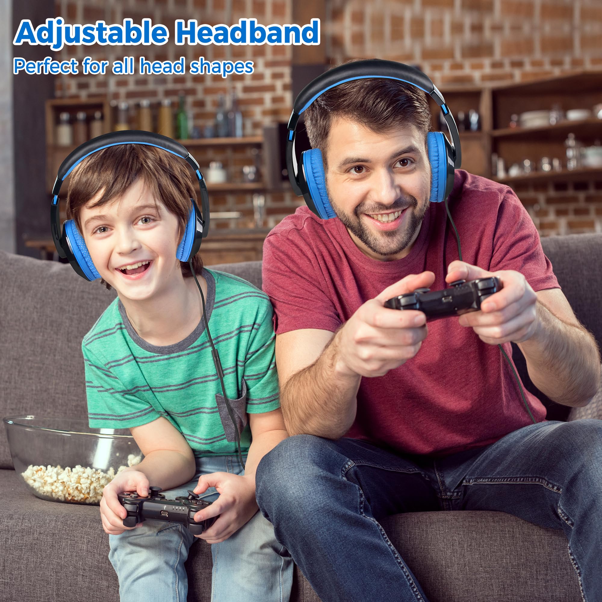 Rockpapa Comfort+ Kids Headphones with Microphone - Over-Ear Wired Headphones for Boys & Girls, Students - Compatible with School, Classroom, Laptop, PC, Computer & Tablet (Black/Blue) - Perfect for Online Learning, Homeschooling & Remote Classes