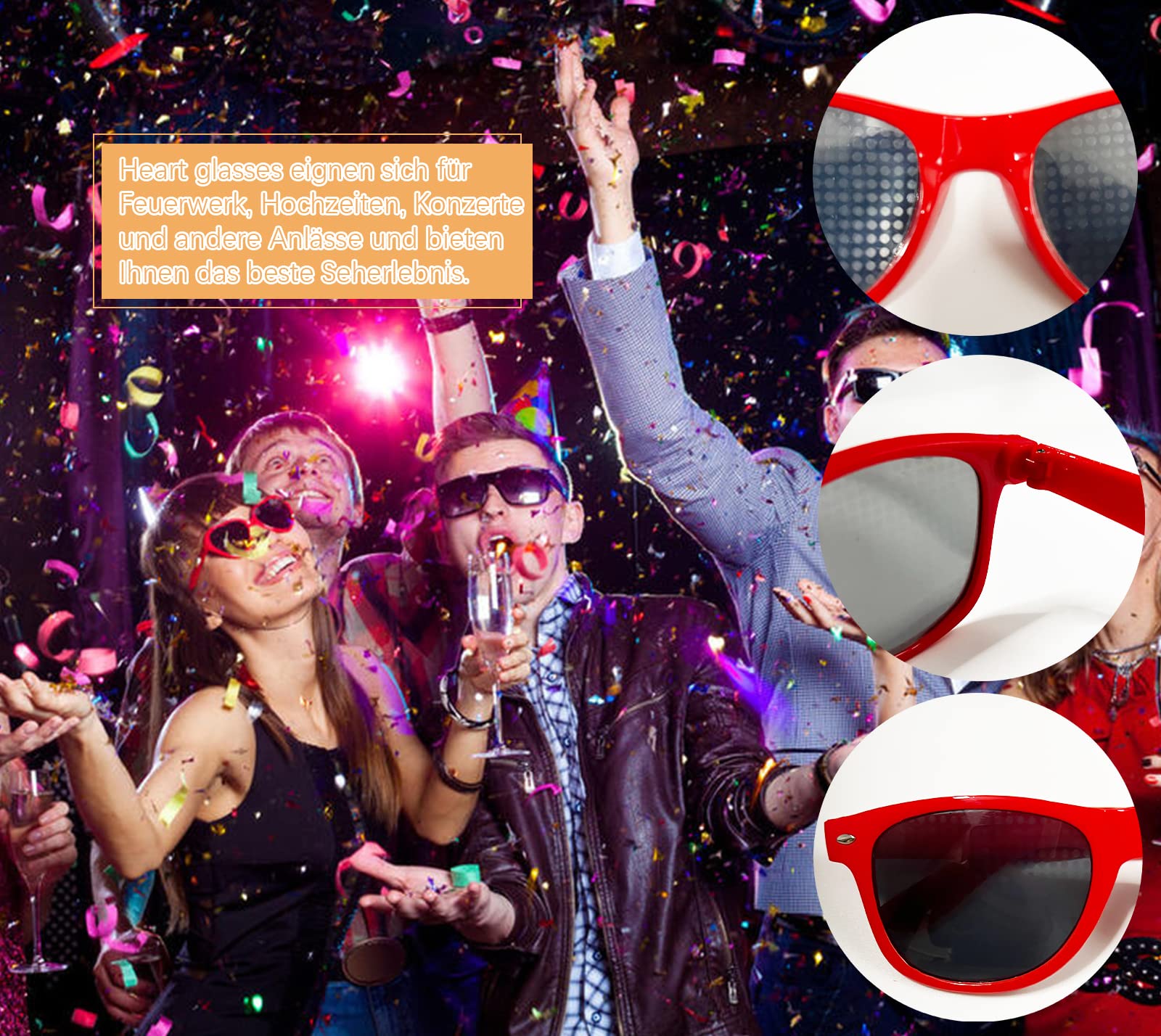 Heart Effect Diffusion Glasses - Rainbow Prism Party Glasses with Protective Case (Square Frame, Red) for Raves, Concerts, Festivals & Light Shows