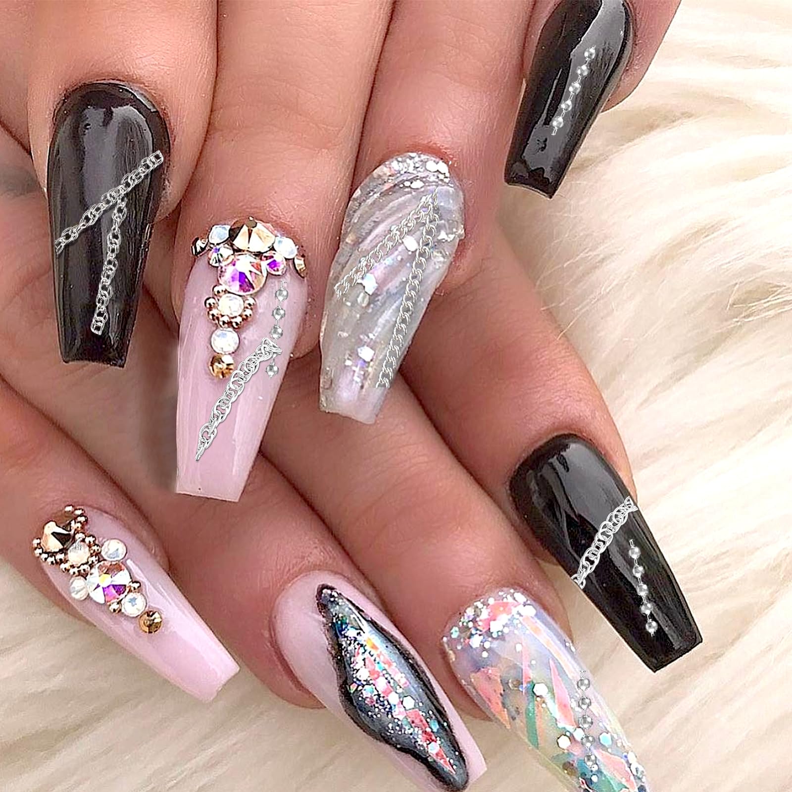 6 Strips Silver Chain Nail Charms - 3D Nail Art Accessories for Punk & Gothic Style, DIY Metal Nail Caviar Beads - Perfect for Nail Decoration, Salon Use & Party Nail Art Designs