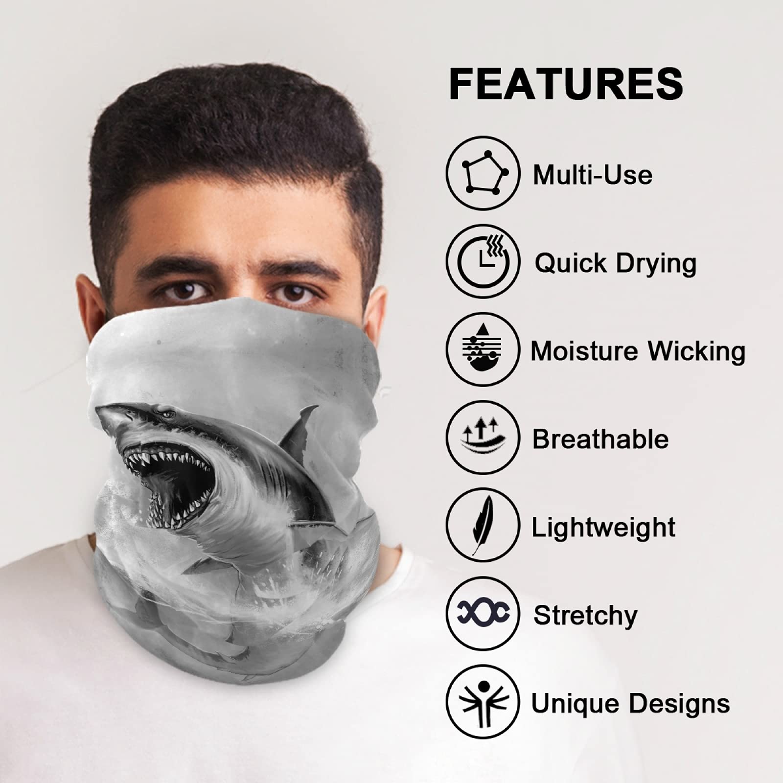 Great Shark Face Mask - Unisex Bandana Neck Gaiter with Open Mouth Teeth Design, Breathable & Lightweight Headwear, Reusable Balaclava Scarf for Men & Women - Perfect for Outdoor Sports, Cycling, Running, and Sun Protection