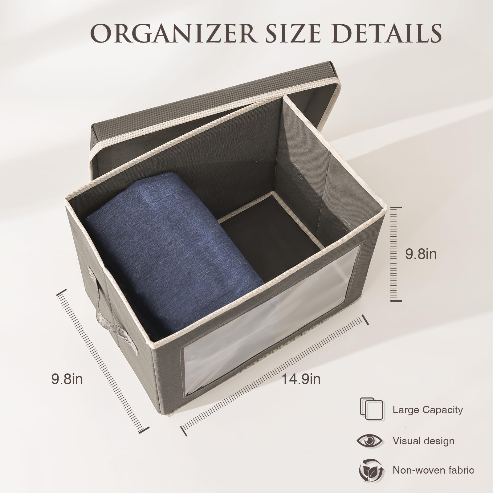 Fabric Storage Bins with Lids - Collapsible Closet Organizer Boxes with Window for Clothes, Towels, Books | Space-Saving Home Organization Solution for Bedroom, Nursery & Office (3-Pack, Grey)