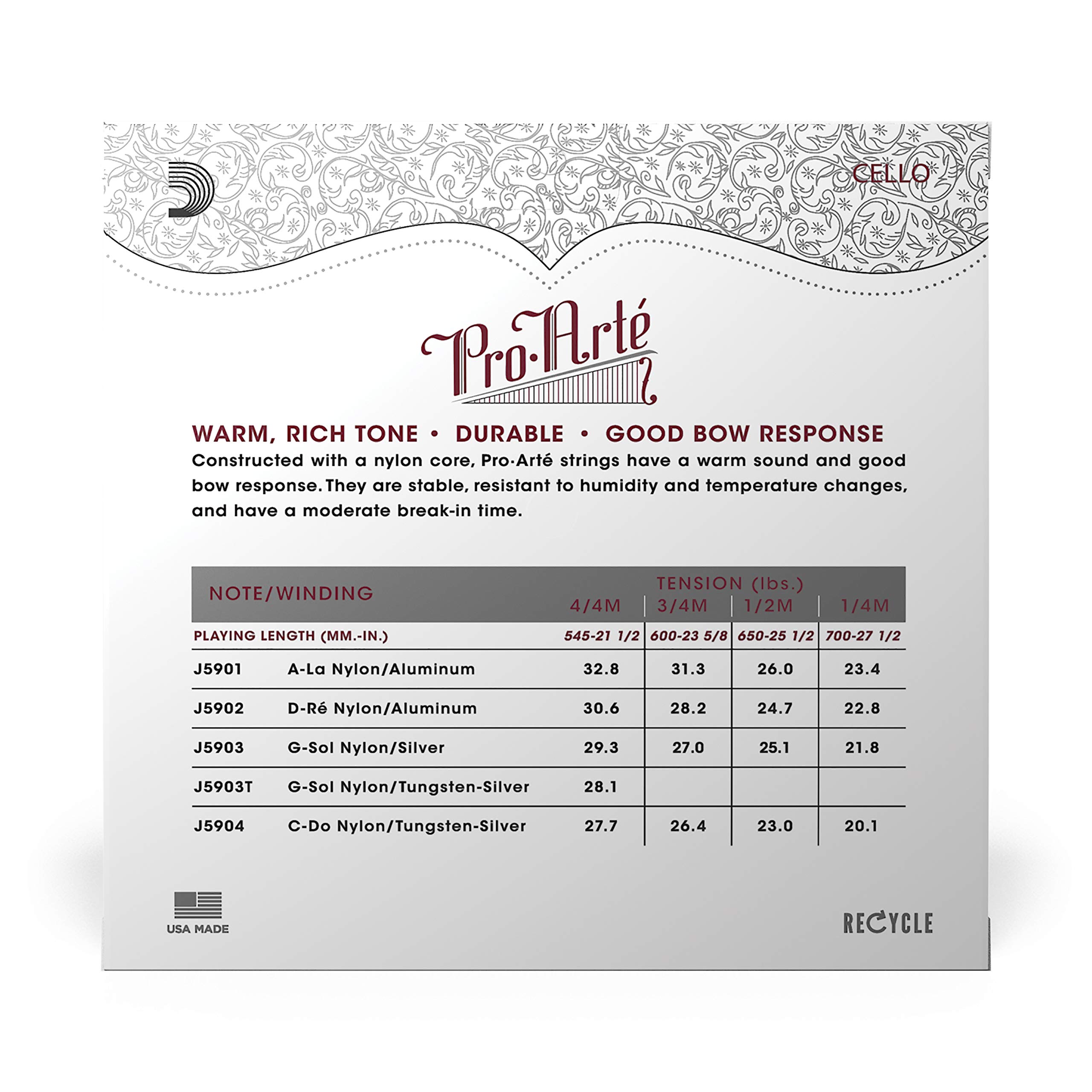 D'Addario Pro-Arte Cello Strings Set - 4/4 Size Medium Tension for Professional Cellists | Perfect for Classical Performances, Orchestras & Music Practice