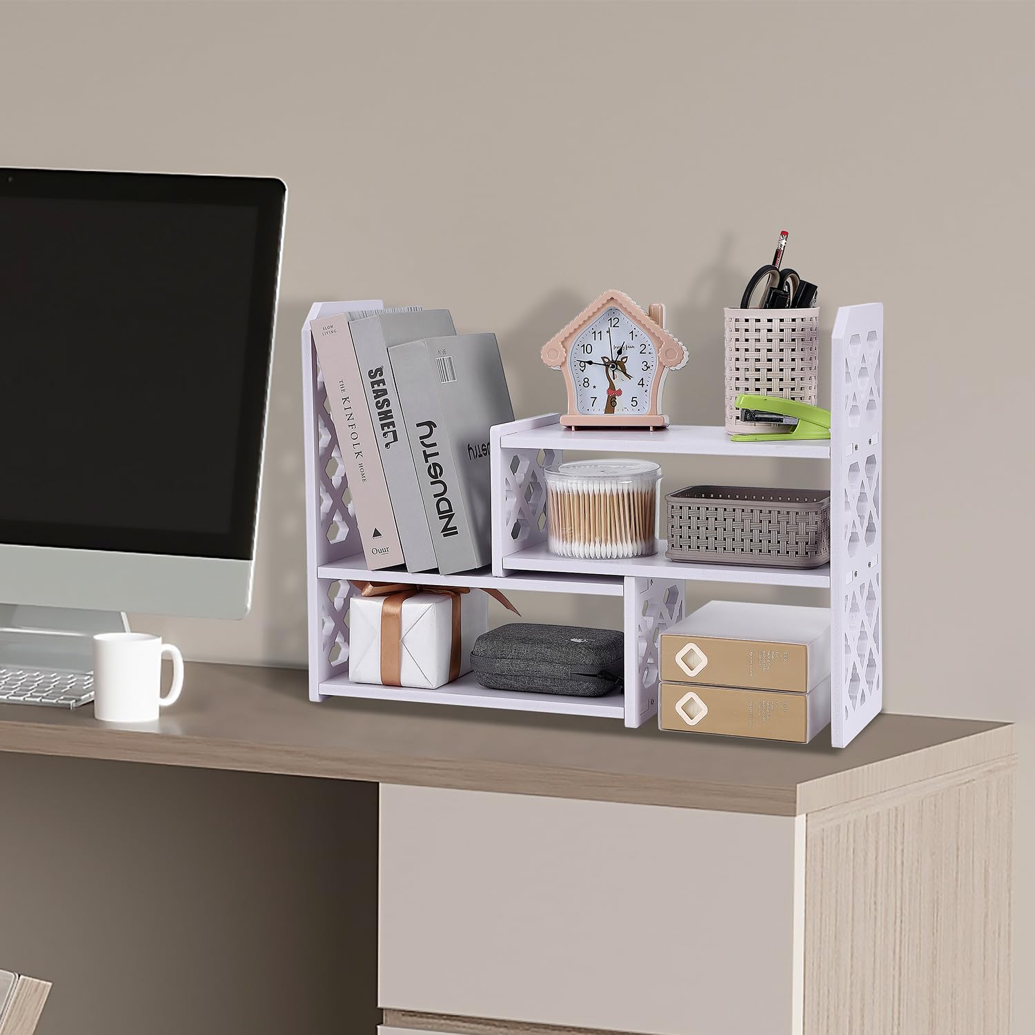 Felmis Desktop Organizer Shelf - Adjustable PVC Office Desk Storage for Books, Makeup & Home Decor | Perfect for Dorm, Office & Small Space Organization