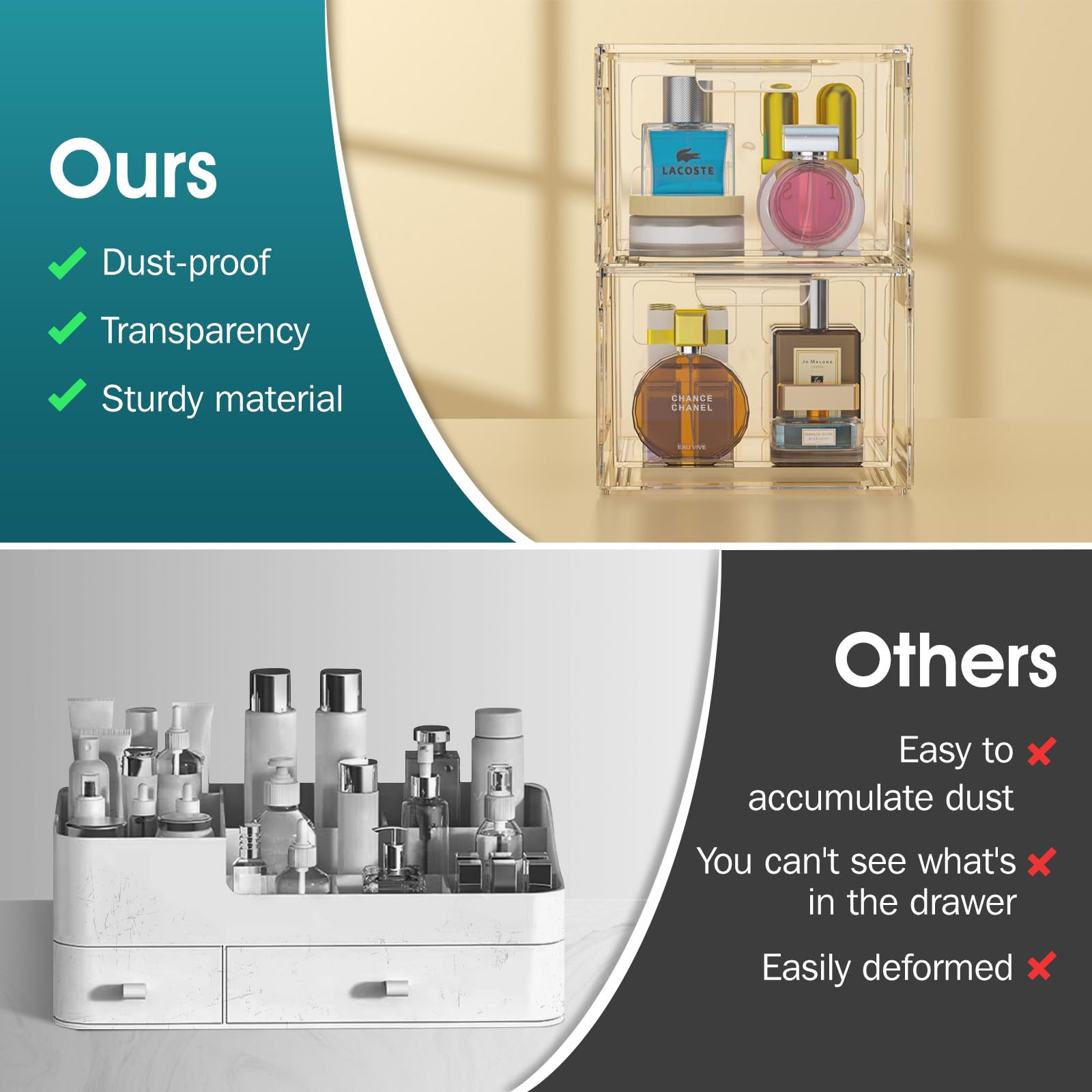 2 Pack Clear Acrylic Makeup Organizer with Handles - Plastic Storage Bins for Vanity, Bathroom, Kitchen & Pantry Organization | Perfect for Cosmetics, Jewelry & Small Item Storage