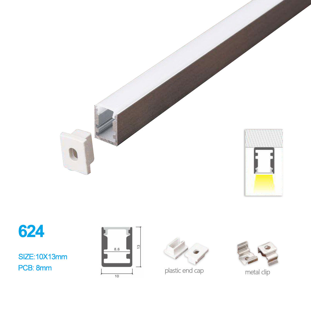 10x13mm Mini Square Trimless Surface Mount LED Aluminum Profile Kit for Cabinet Lighting, Shelves & Display Cases - Easy DIY Installation