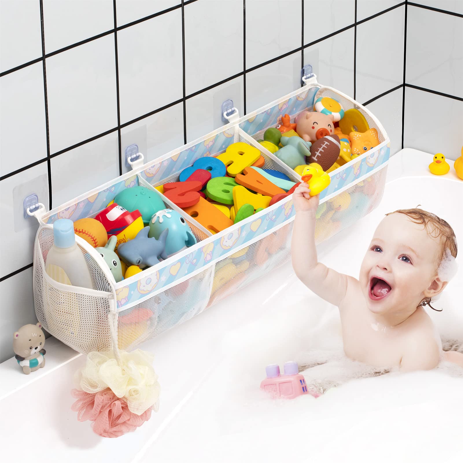 **Austion Extra Large Mesh Bath Toy Organizer with Quick-Drying Openings – Breathable Baby Toy Storage for Tub – Perfect for Bath Time Organization & Easy Drying (Blue)**    *(Ideal for keeping bath toys tidy, dry, and mold-free – great for kids' bathtubs, showers, and poolside storage!)*