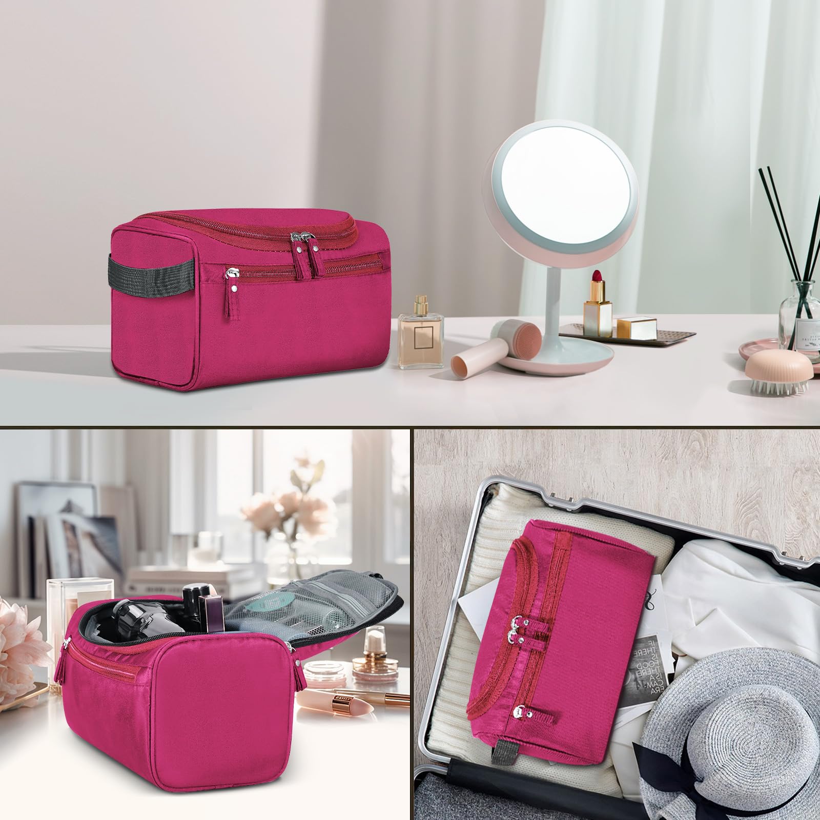 Hanging Toiletry Bag for Travel - Large Capacity Cosmetic Organizer with Hook for Women & Men | Perfect for Makeup, Brushes, Shaving Tools | Ideal for Camping, Gym, Business Trips (Red)