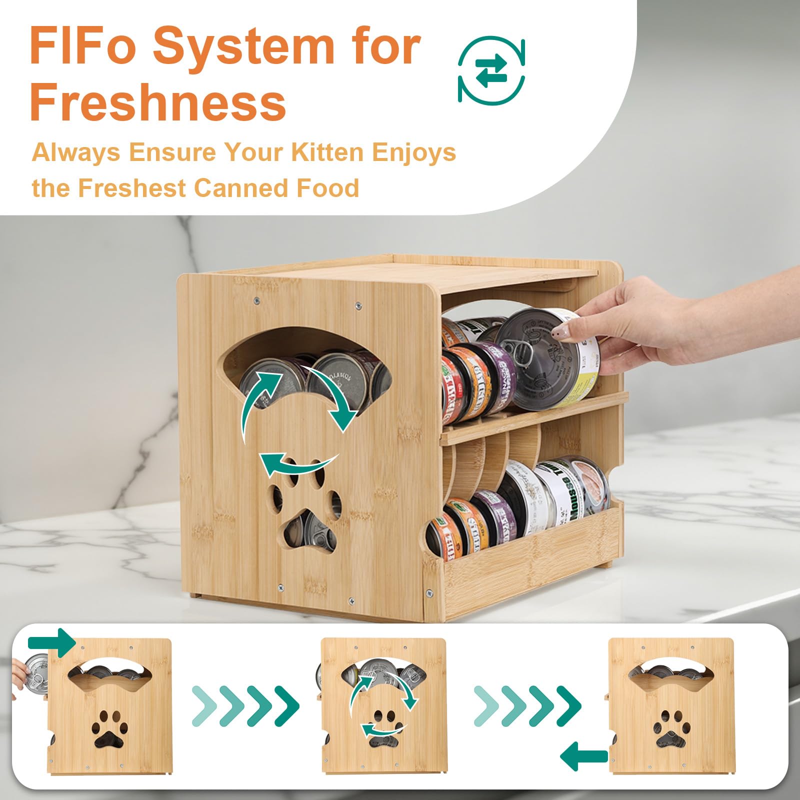 Premium Bamboo Cat Food Can Organizer - 2-Tier Stackable Wet Cat Food Storage Rack with FIFO System & 4 Hooks, Holds 42 (3oz) Cans - Space-Saving Pet Food Dispenser for Pantry & Kitchen Organization