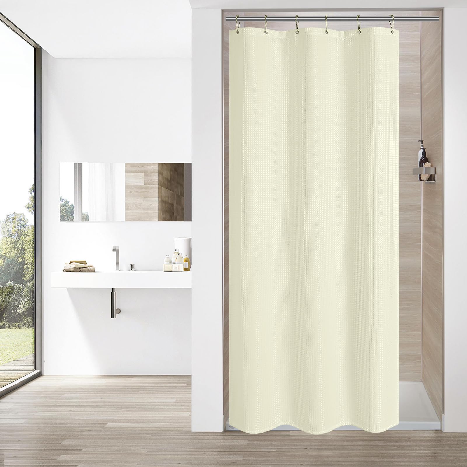 MitoVilla Beige Waffle Small Stall Shower Curtain 36 x 72 Inches - Half Size Modern Fabric Narrow Bath Curtain with Weighted Hem for Luxury Hotel & Home Bathroom Decor - Perfect for Small Bathrooms, Powder Rooms & RV Showers