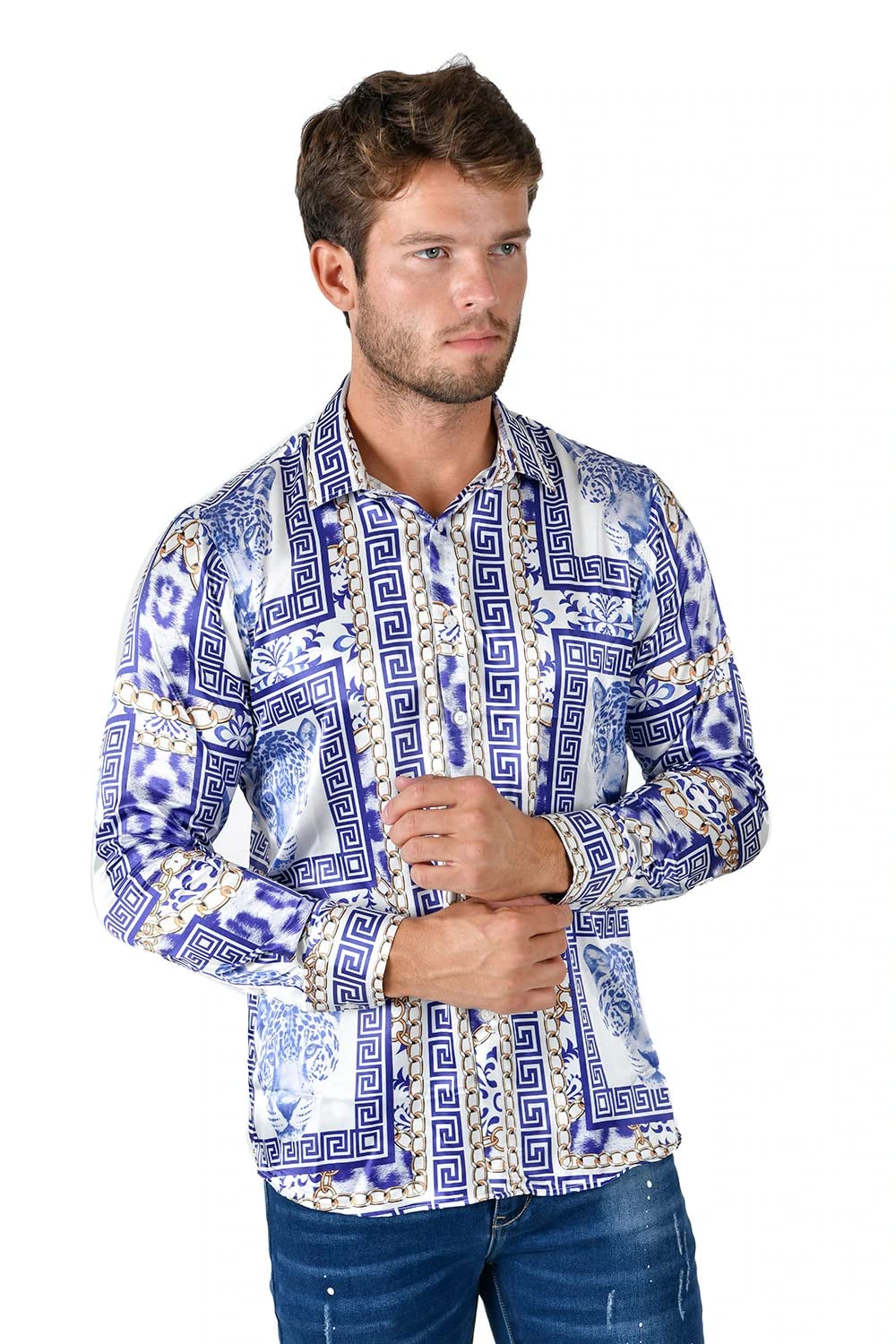Barabas Men's Wild Greek Pattern Button Down Long Sleeve Casual Shirt B352 - Stylish & Comfortable for Office, Party & Date Night