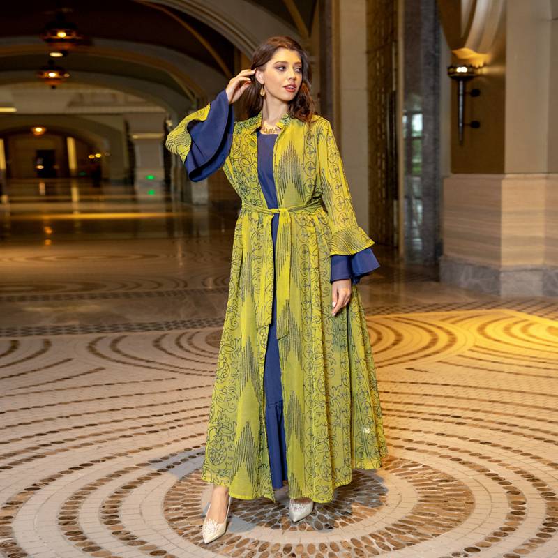 2 Piece Women's Ruffle Sleeve Open Abaya Kaftan Dress Set with Inner Sleeveless Dress - Elegant Muslim Fashion for Prayer, Homewear, and Special Occasions