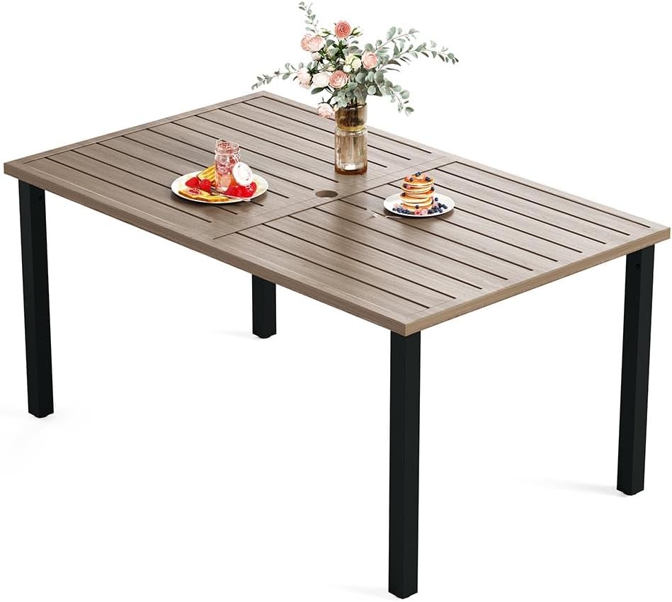 HERA'S HOUSE 6-Person Outdoor Dining Table - Rectangular Metal Patio Table with Umbrella Hole, Weather-Resistant Wood-Like Steel Slat Design for Garden, Backyard & Lawn (60