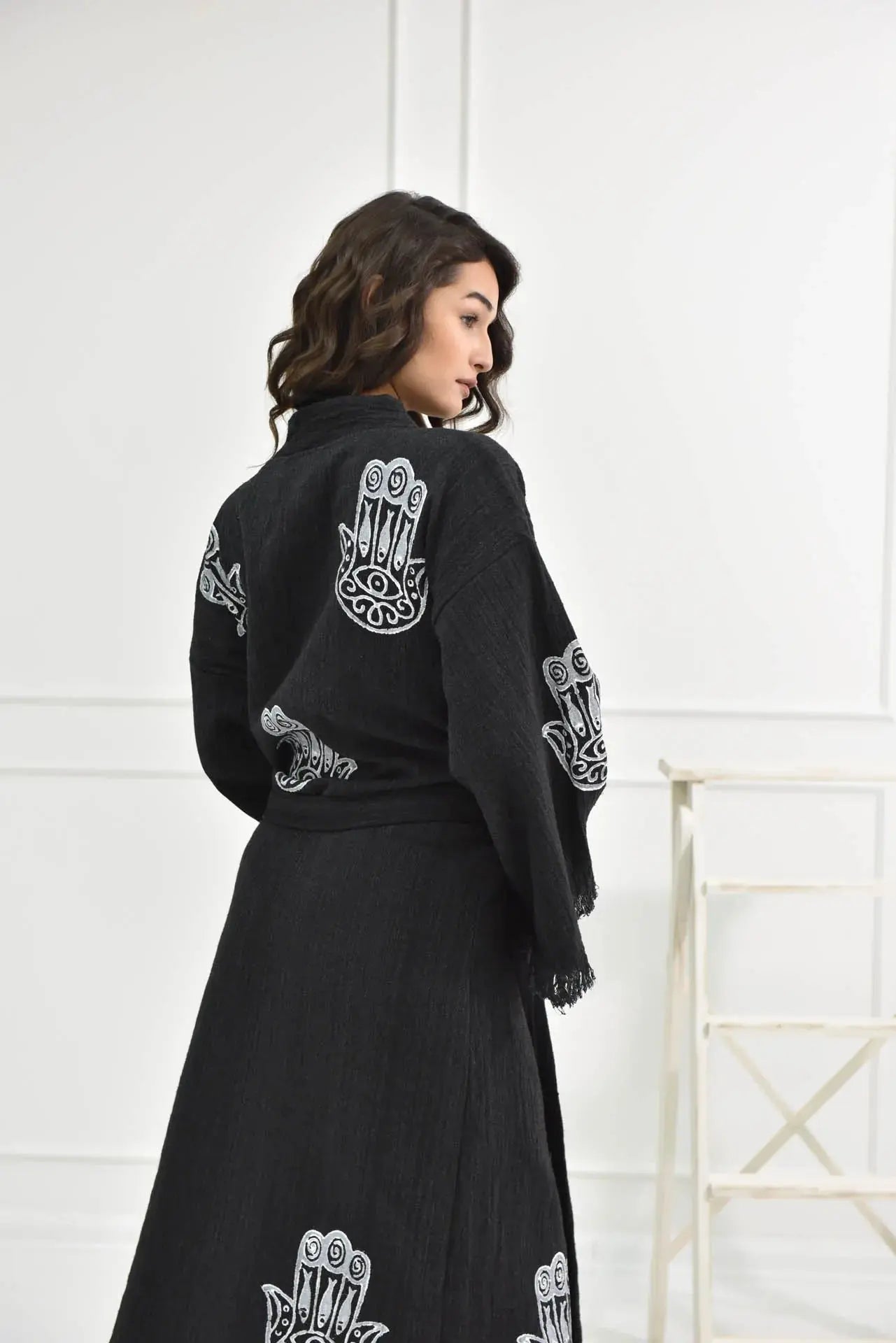 Organic Hamsa Hand Kimono Robe for Women - One Size Black - Perfect for Spa, Yoga & Relaxation at Home