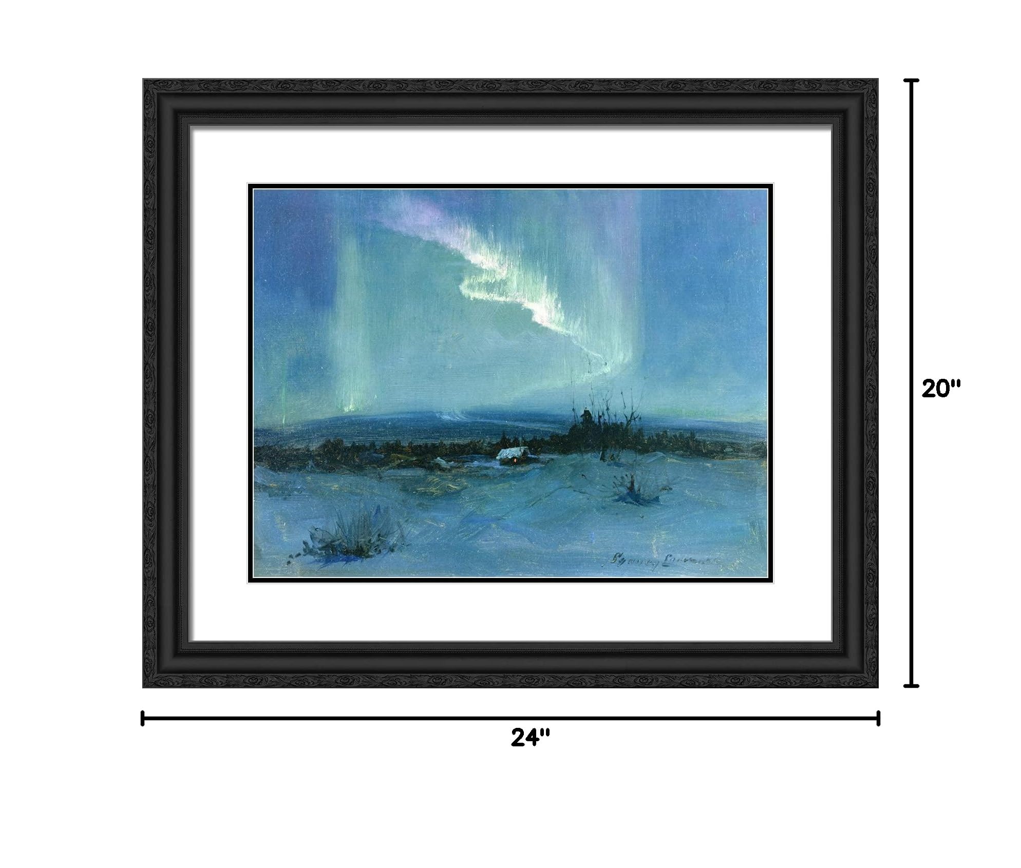 Laurence ArtDirect 24x20 Black Ornate Framed Wall Art Print - Northern Lights Landscape Painting with Double Matting | Perfect for Living Room, Bedroom & Office Decor
