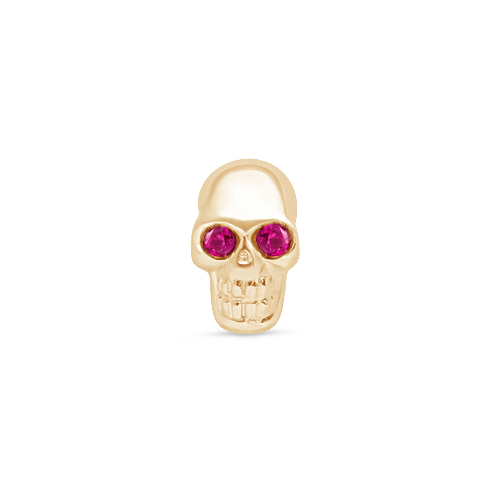 14K Solid Yellow Gold Ruby Eye Skull Flat Back Stud Earrings for Men & Women - Gothic Punk Jewelry for Halloween, Costume Parties & Alternative Fashion