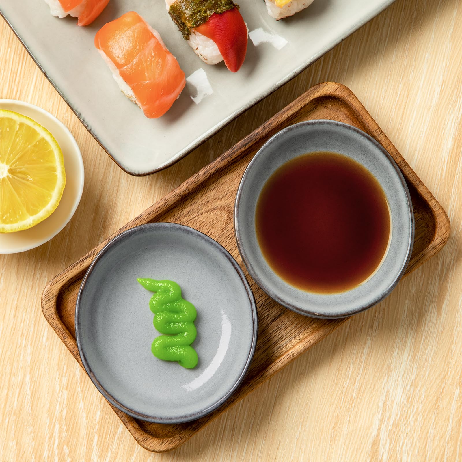 Famiware 6-Piece Ocean Soy Sauce Dishes Set - 2.1oz Ceramic Small Bowls for Dipping Sauces, Side Dishes, Appetizers, Snacks & Sushi | Reactive Glaze Finish, Dishwasher Safe, Grey | Perfect for Japanese Cuisine, Asian Restaurants & Home Kitchens