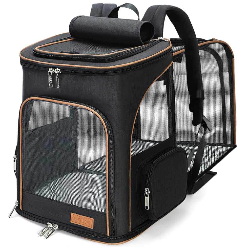 Expandable Pet Carrier Backpack for Small Dogs & Cats - Breathable Mesh, Safety Leash - Perfect for Travel, Hiking & Vet Visits (Black)