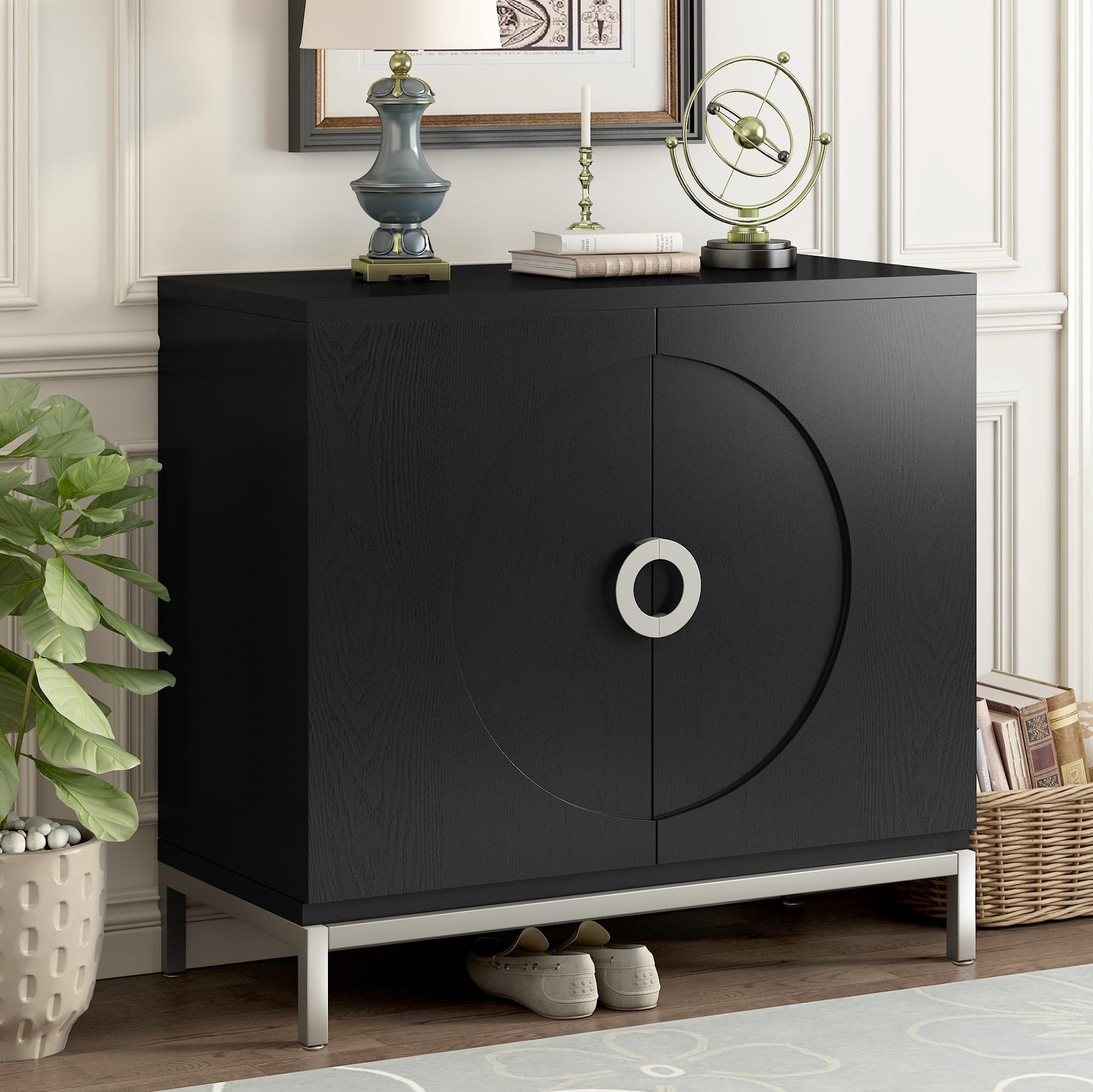 Modern Storage Cabinet & Console Table - Solid Wood Veneer with Metal Leg Frame, Entryway Sideboard for Living Room, Bedroom, Hallway - Black Minimalist Design (Perfect for Small Spaces & Home Organization)