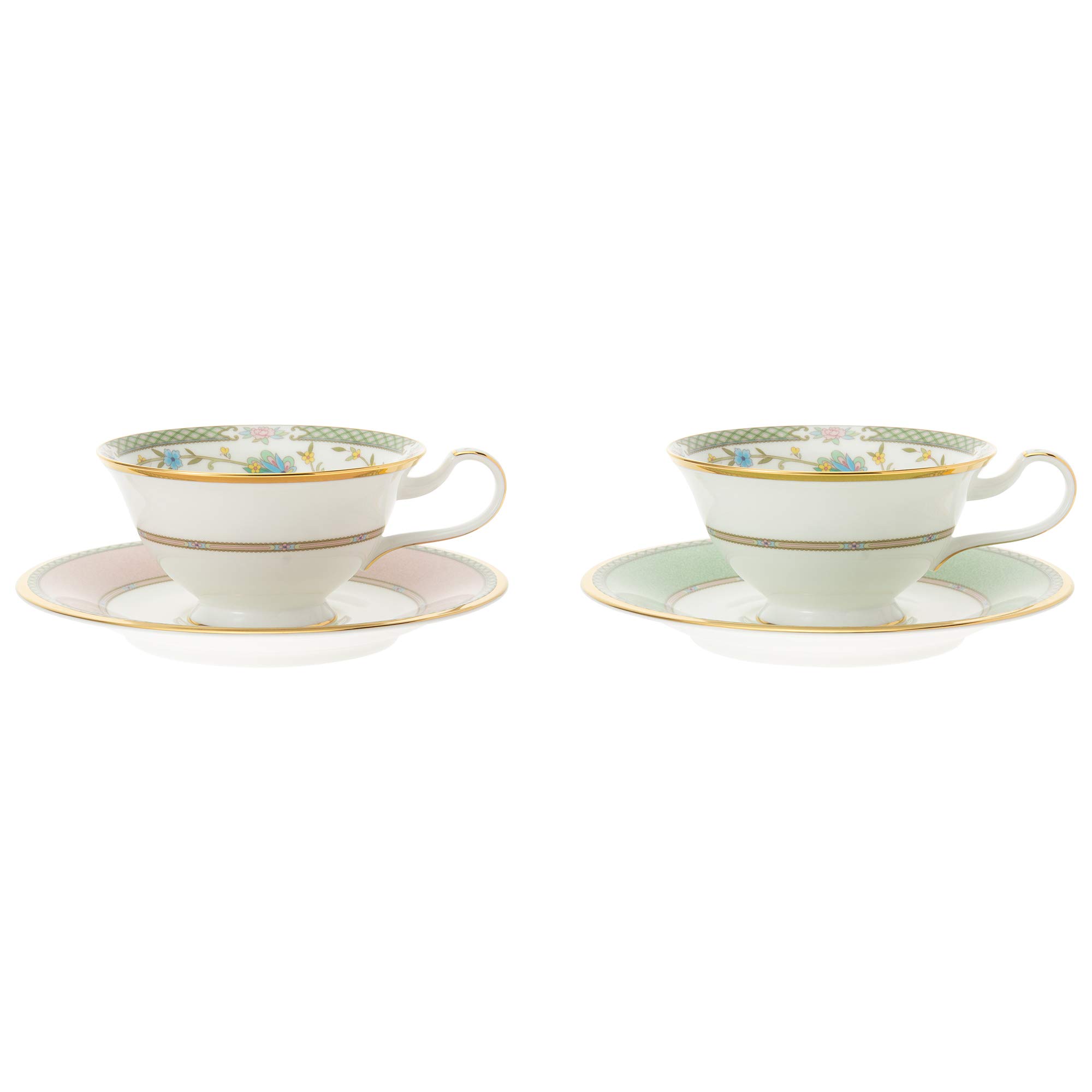 Noritake Bone China Tea and Coffee Cup Set - Yoshino Green & Pink Bowls (Pair) Y6988/998307 - Elegant Japanese Import for Afternoon Tea & Gifting